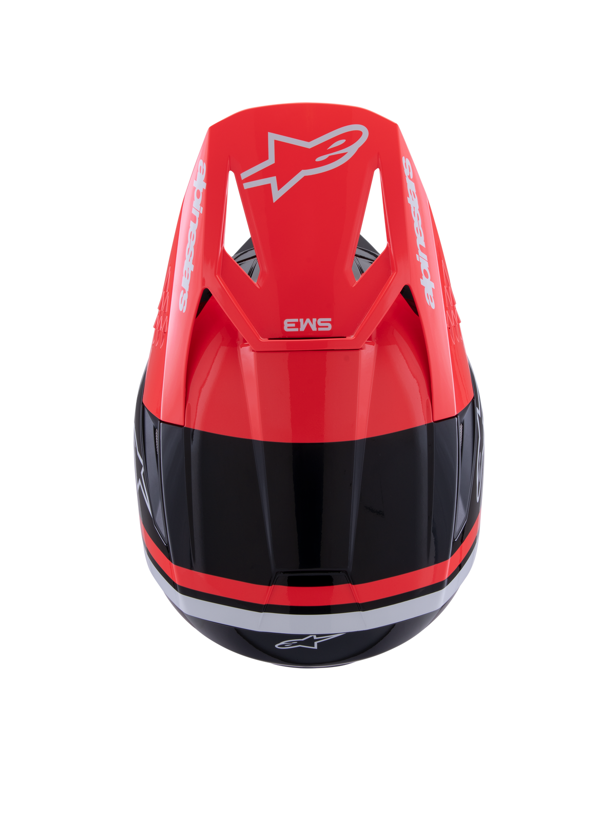 Casco Alpinestars S-M3 Radium, casco da motocross, nero, rosso fluo e bianco lucido, vista dall'alto con visiera rosso fluo, logo Alpinestars bianco e design aerodinamico.