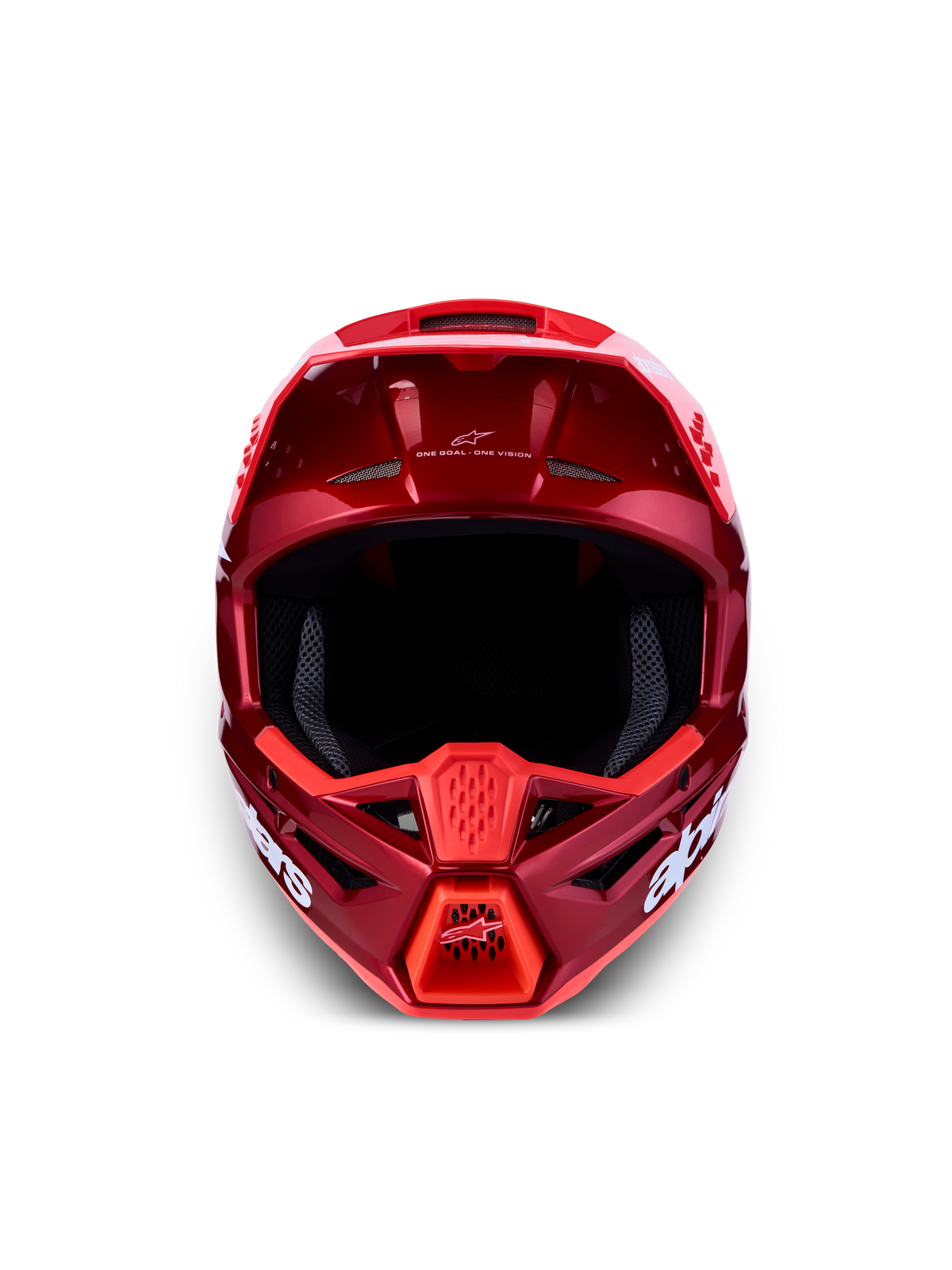 Alpinestars Casco SM3 Radium ECE06, casco da motocross rosso e bianco, calotta termo-iniettata, certificato ECE 22.06, vista frontale con sistema di ventilazione.