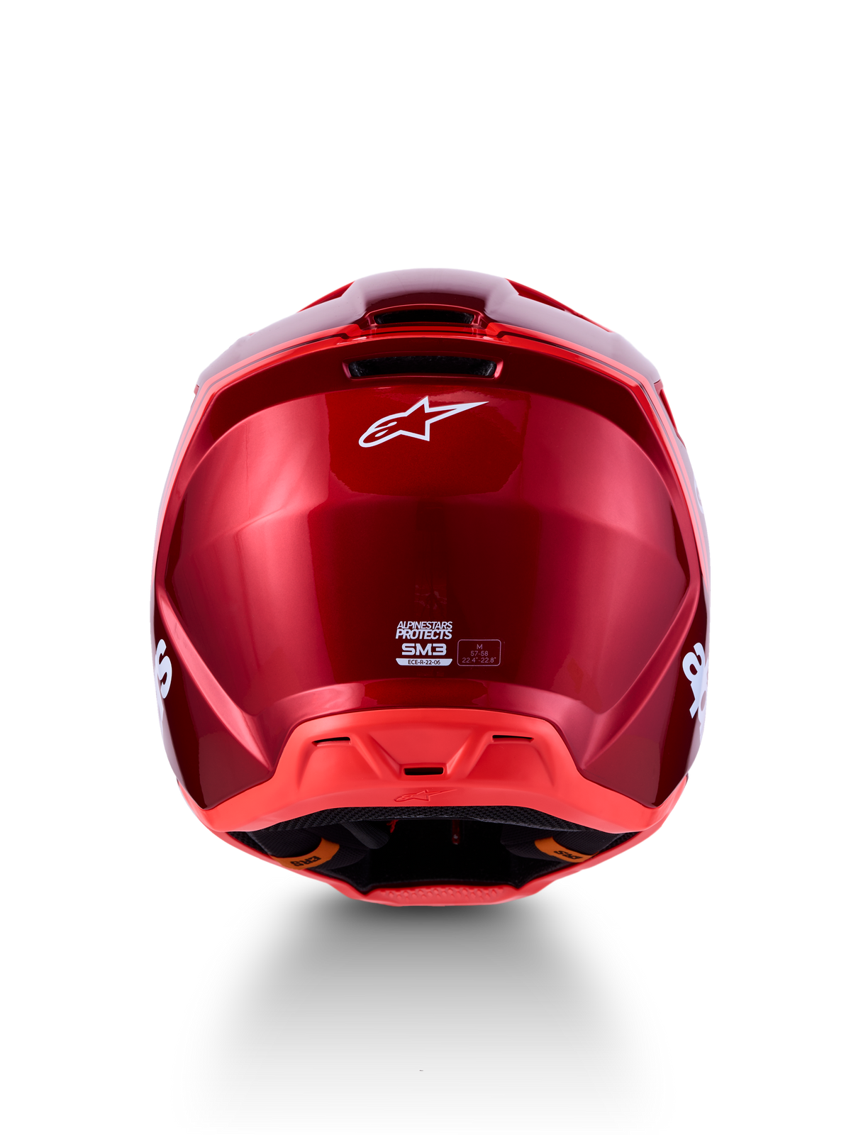 Alpinestars Casco SM3 Radium ECE06, vista posteriore rosso lucido e rosso fluo, motocross, certificazione ECE 22.06.