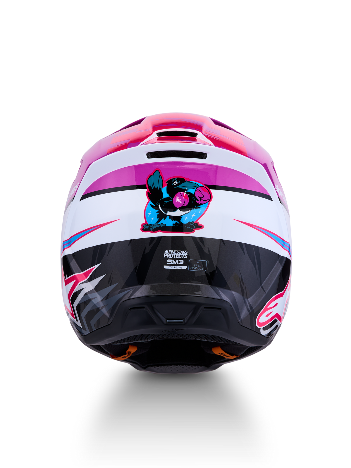 Casco Alpinestars SM3 Falcon ECE06, casco da motocross viola e bianco con grafica di un corvo pugile sul retro.