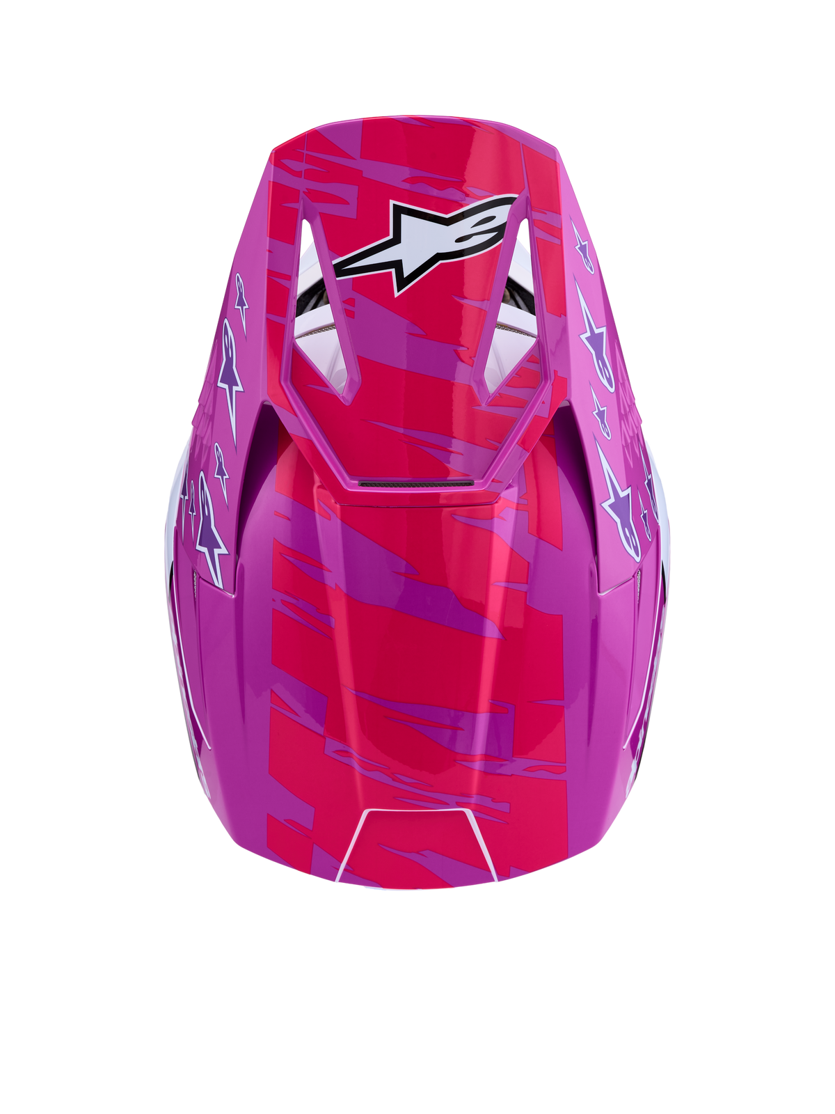 Alpinestars casco SM3 Falcon ECE06, casco da motocross rosa e viola lucido con grafica logo a stella bianco, vista dall'alto della visiera
