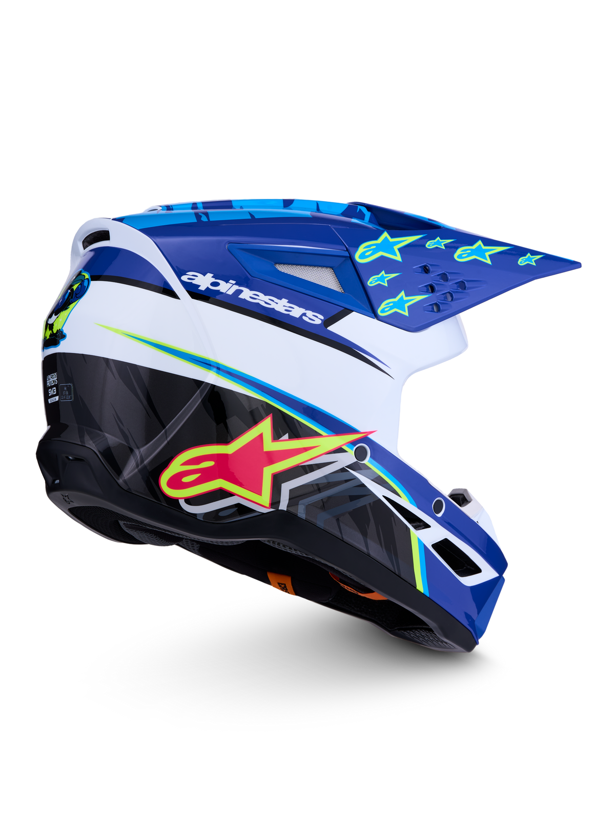 Alpinestars casco SM3 Falcon ECE06, casco da motocross blu, bianco e nero con dettagli giallo fluo e finitura lucida.