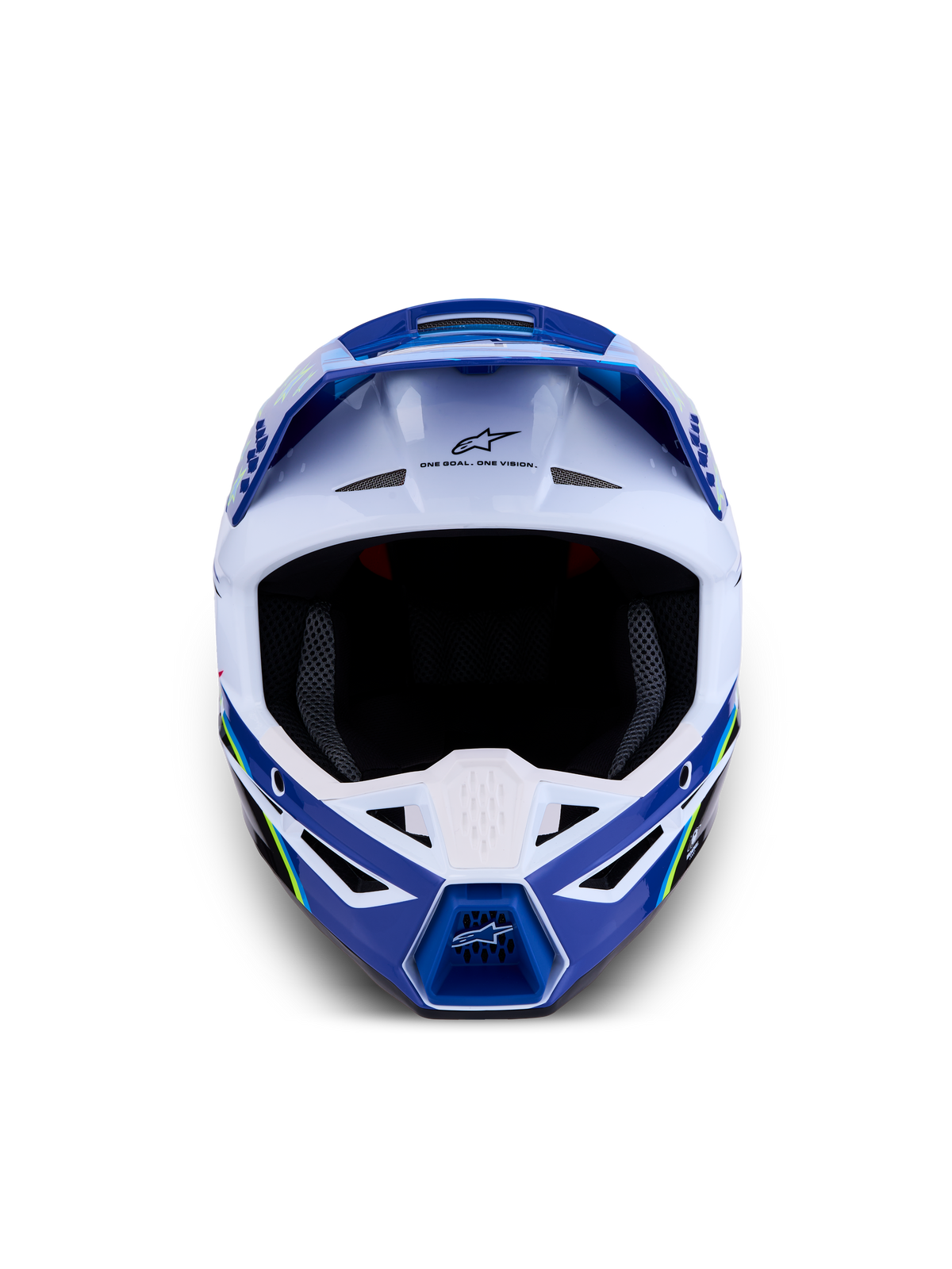 Alpinestars Casco SM3 Falcon ECE06, casco da motocross e off-road, blu e bianco con accenti giallo fluo, certificato ECE 22.06, design aerodinamico con sistema di ventilazione avanzato e logo Astars frontale