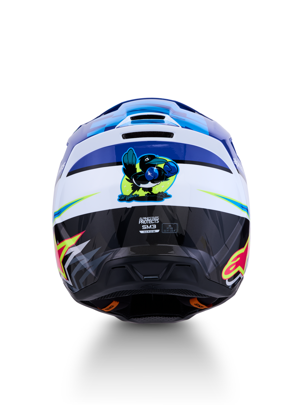 Alpinestars Casco SM3 Falcon ECE06, casco da motocross off-road, vista posteriore con grafica originale di uccello pugile, blu e bianco, certificazione ECE 22.06 e prese d'aria per ventilazione ottimale.