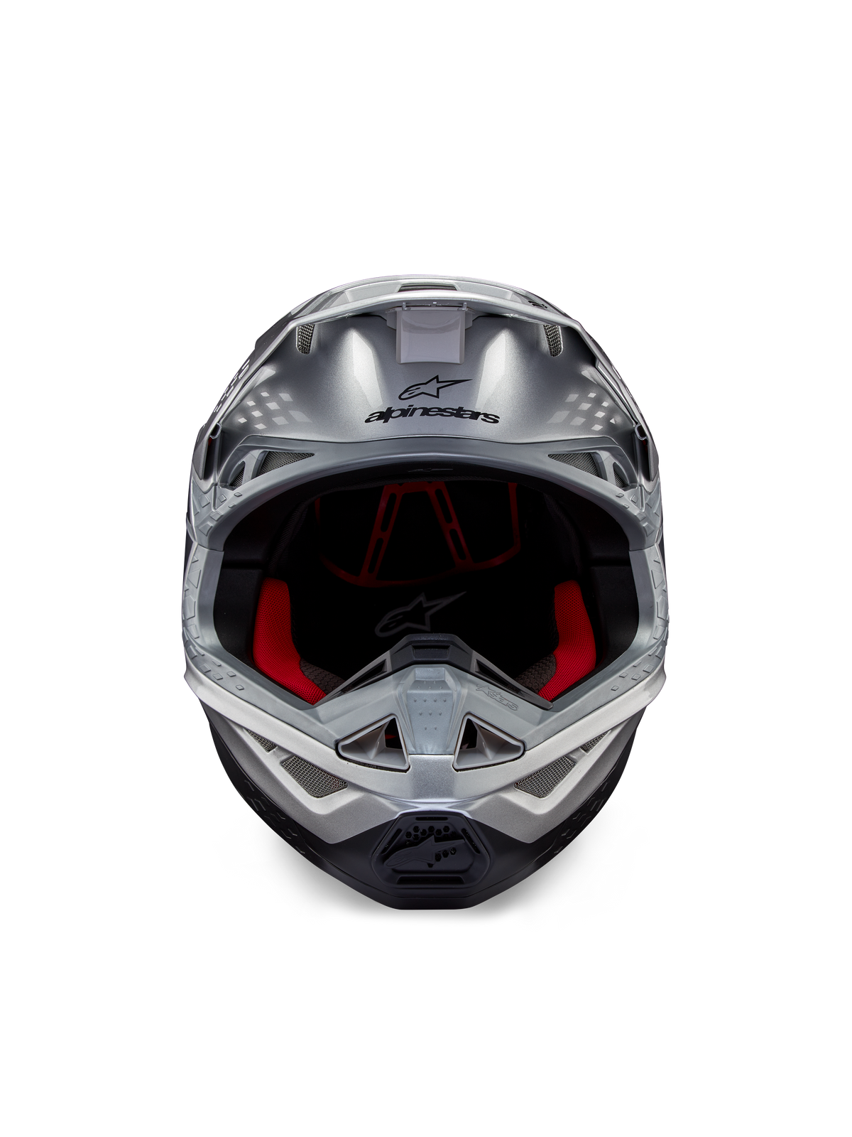 Casco Alpinestars Supertech M10 Flood ECE 22.06, casco da motocross, argento, nero e arancione fluo, vista frontale con calotta aerodinamica, ampia apertura per la maschera con imbottitura interna rossa, logo Alpinestars nero e mentoniera ventilata per gare fuoristrada