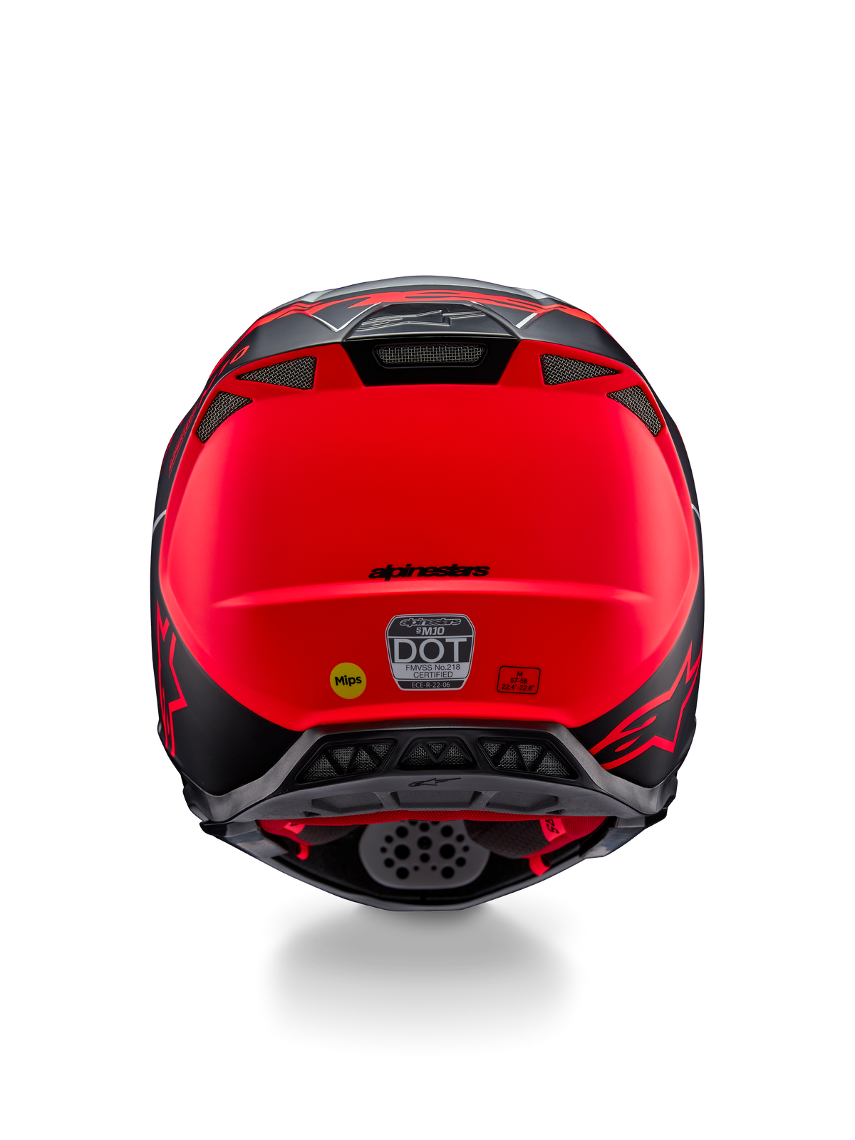 Casco Alpinestars Supertech M10 Flood, vista posteriore, argento, nero e arancione fluorescente opaco, con prese d'aria di scarico integrate, adesivi di certificazione DOT ed ECE, logo Mips giallo e profilo aerodinamico elegante per gare di motocross
