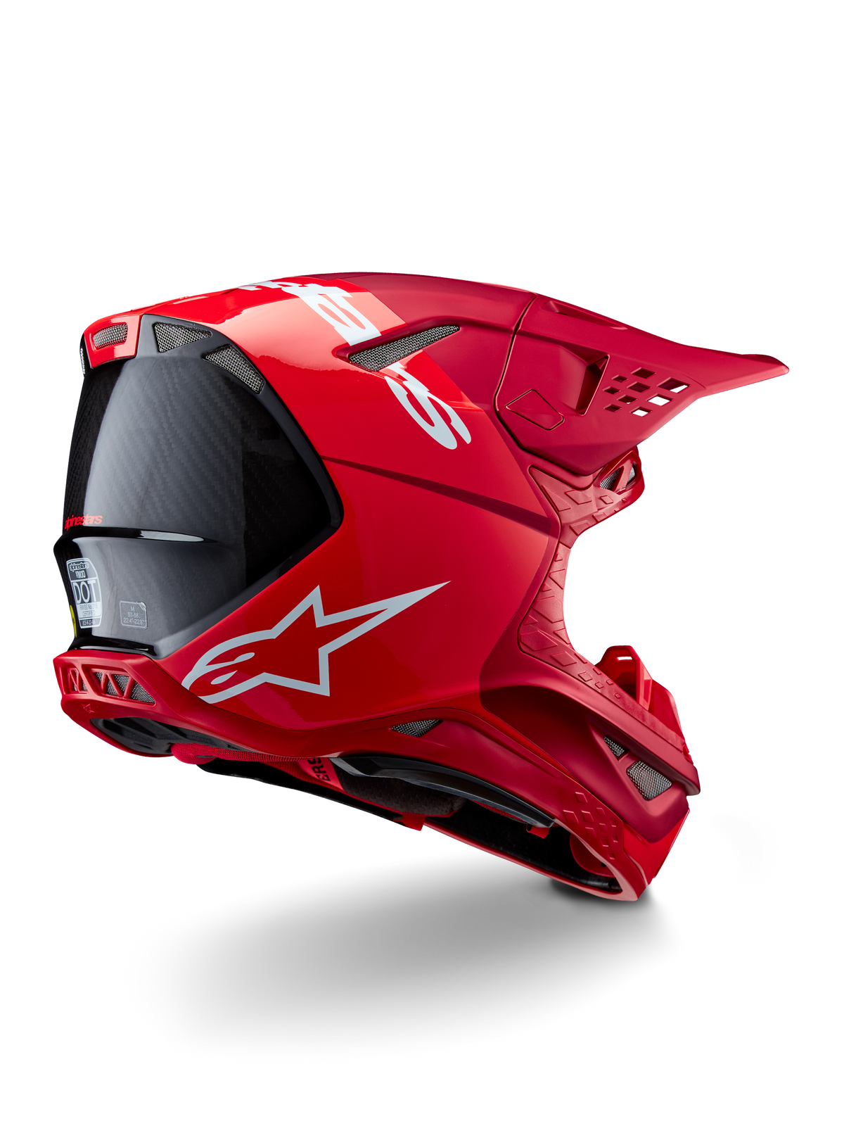 Casco Alpinestars Supertech M10 Flood, casco da motocross, rosso e rosso fluo, finitura opaca e lucida, vista di profilo posteriore con logo Alpinestars bianco e accenti in fibra di carbonio, design aerodinamico con molteplici prese d'aria, protezione per la testa off-road ad alte prestazioni