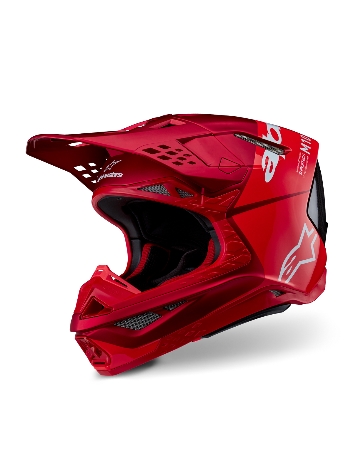 Alpinestars Supertech M10 Flood, casco da motocross, rosso e rosso fluo opaco e lucido, con loghi Alpinestars bianchi, profilo aerodinamico con numerose prese d'aria, calotta leggera in carbonio composito per corse fuoristrada