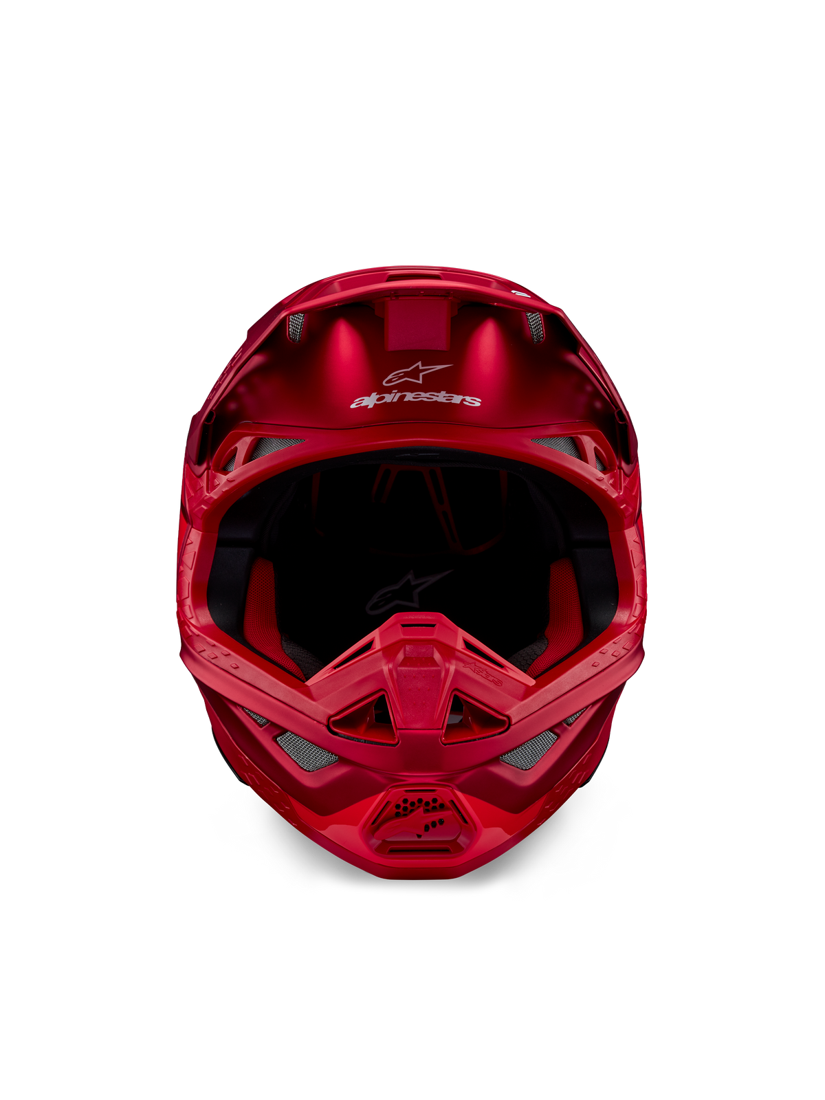 Casco Alpinestars Supertech M10 Flood, casco da motocross, rosso fluo e rosso opaco/lucido, vista frontale con profilo aerodinamico e molteplici prese d'aria, logo Alpinestars sulla fronte e rivestimento interno rosso, equipaggiamento professionale da gara fuoristrada