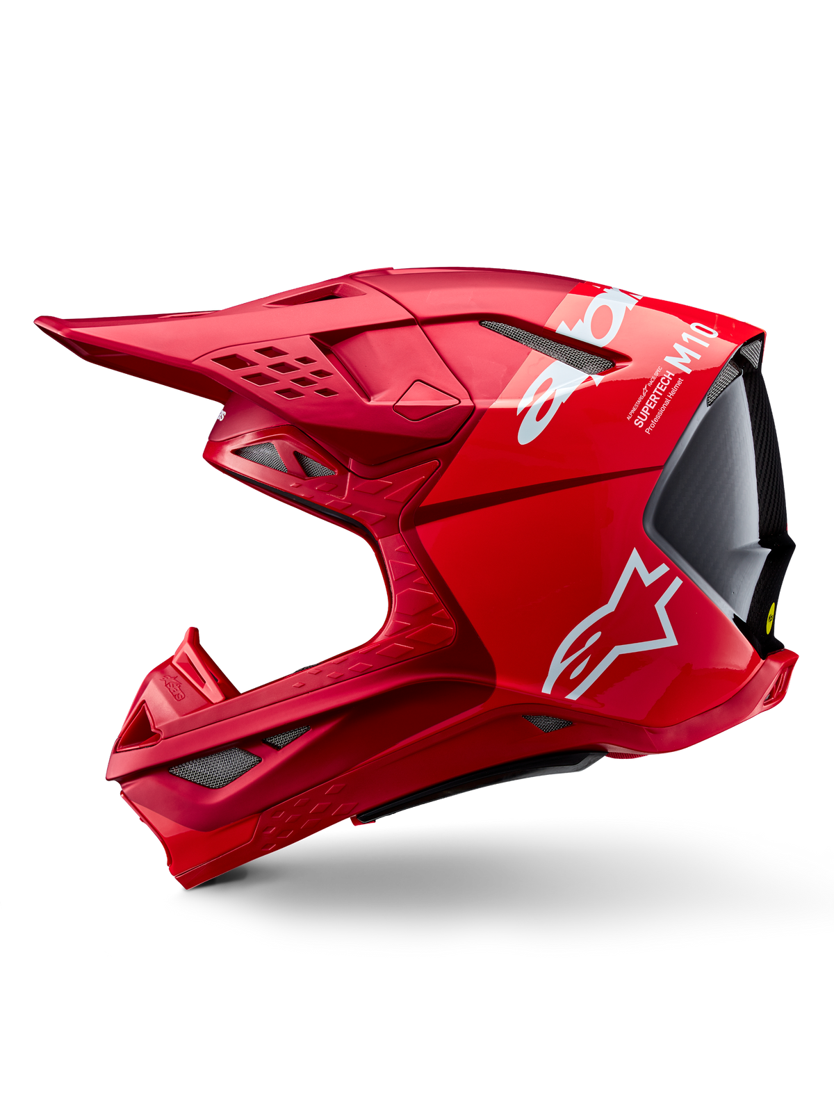 Casco Alpinestars Supertech M10 Flood ECE 22.06, casco da motocross, rosso e rosso fluo con finitura opaca e lucida, vista laterale che mostra il design aerodinamico della calotta, prese d'aria multiple e logo Alpinestars bianco