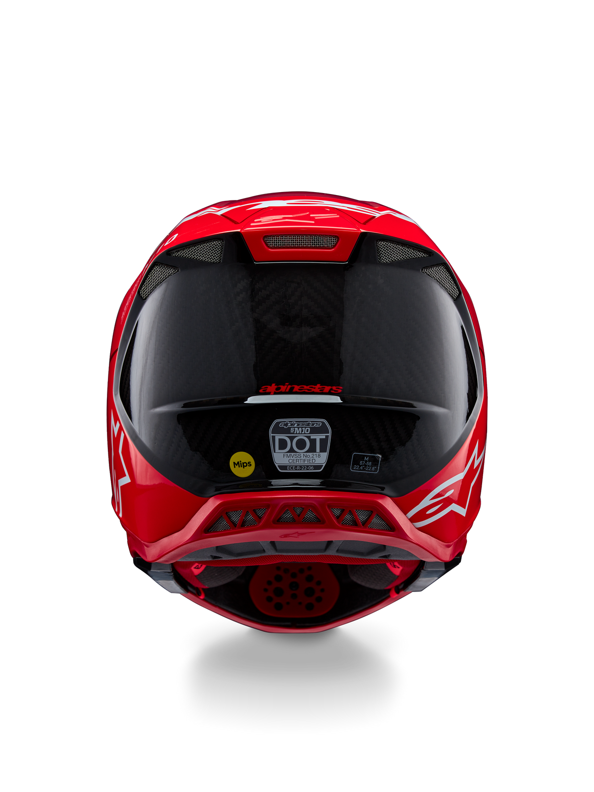 Casco Alpinestars Supertech M10 Flood ECE 22.06, vista posteriore, rosso fluo e rosso opaco e lucido, casco da motocross con trama in fibra di carbonio a vista, adesivi di certificazione MIPS e DOT e prese d'aria aerodinamiche.