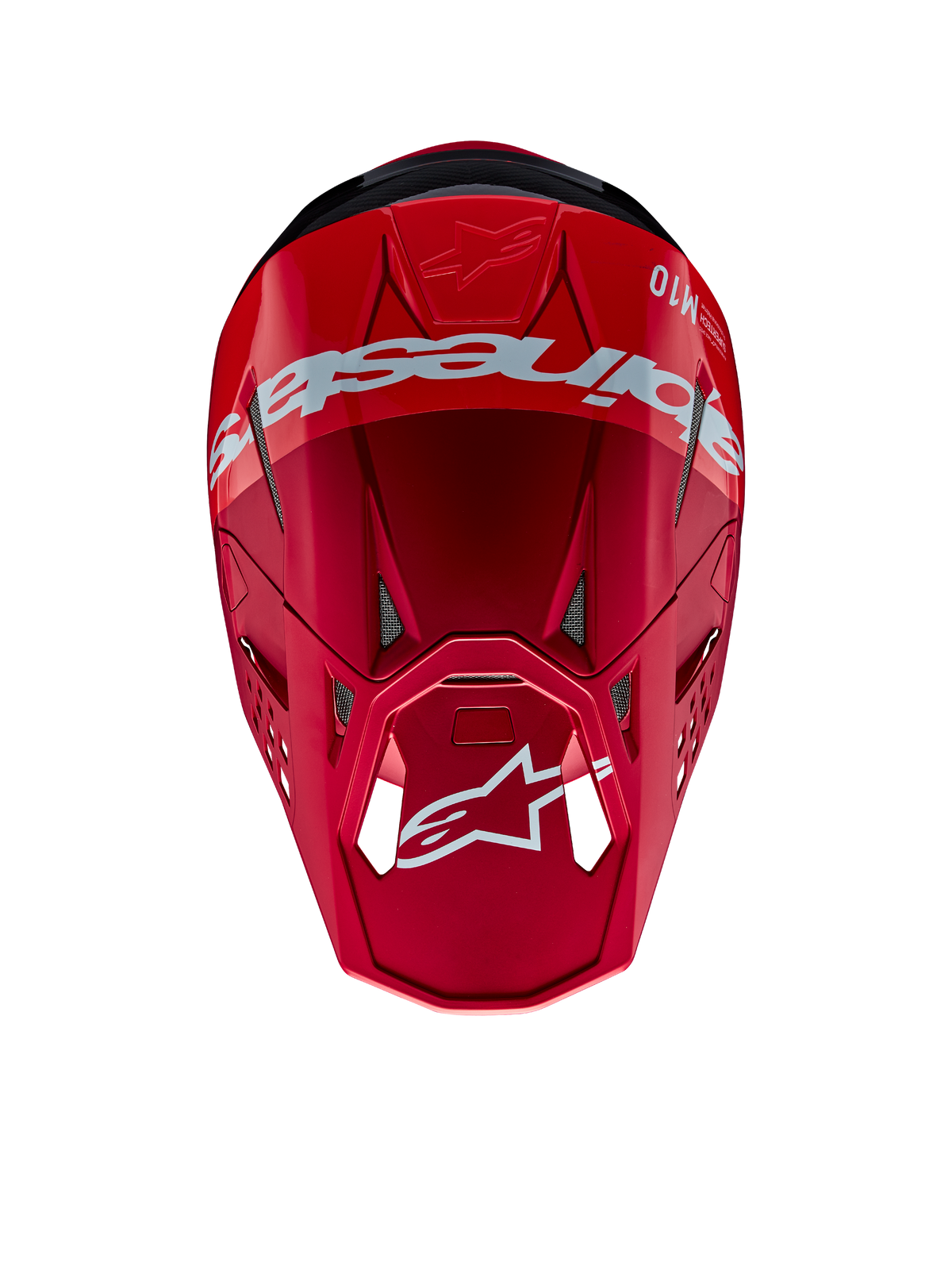 Casco Alpinestars Supertech M10 Flood, casco da motocross, rosso e rosso fluo con finitura opaca e lucida, prospettiva dall'alto con branding e logo Alpinestars in evidenza, calotta aerodinamica avanzata con prese d'aria integrate per gare fuoristrada