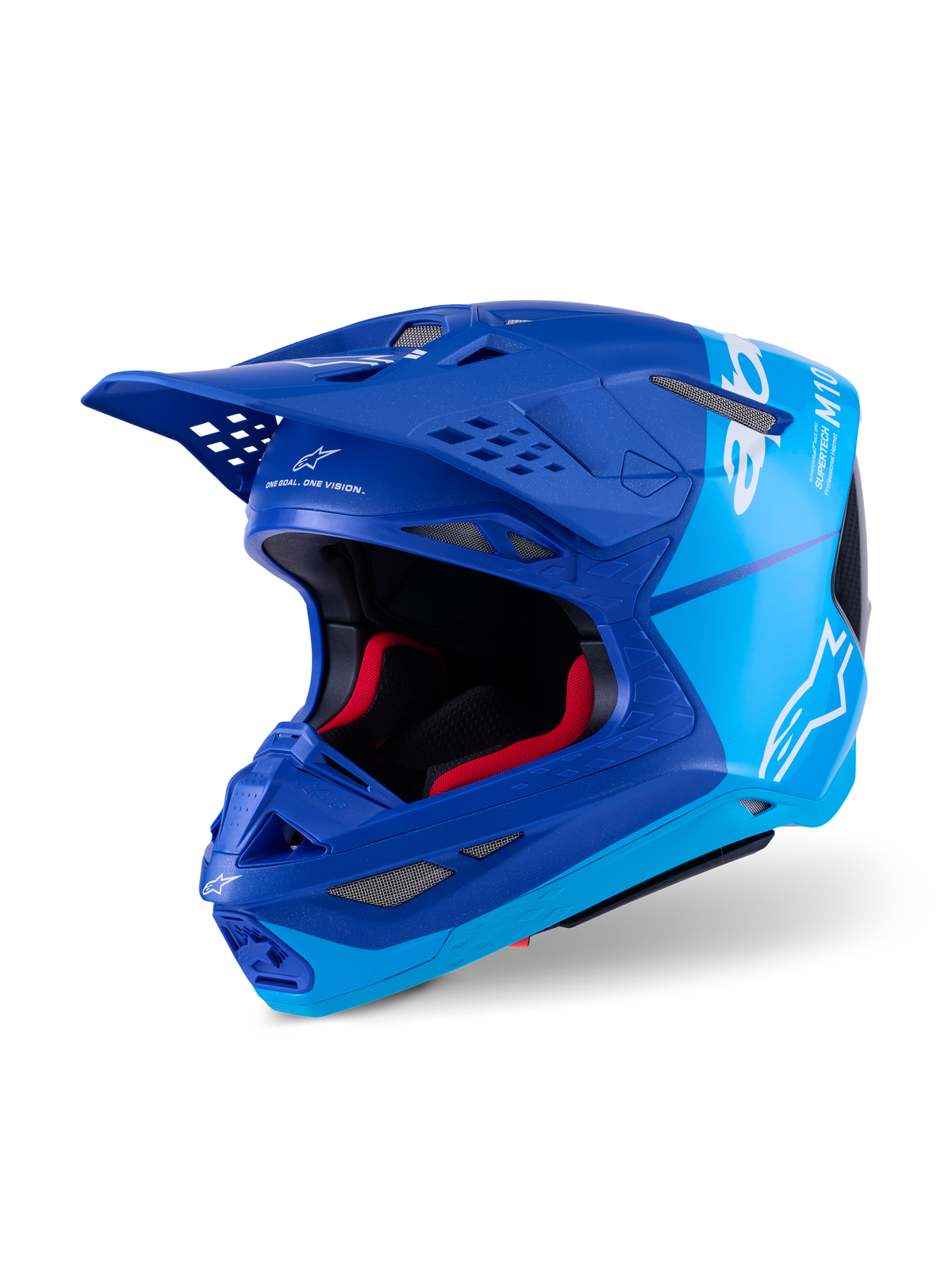 Casco Alpinestars Supertech M10 Flood, casco da motocross, blu metallizzato e blu medio con dettagli in fibra di carbonio nera, con loghi bianchi e marchio M10, molteplici prese d'aria e imbottitura interna rossa, progettato per prestazioni off-road professionali.