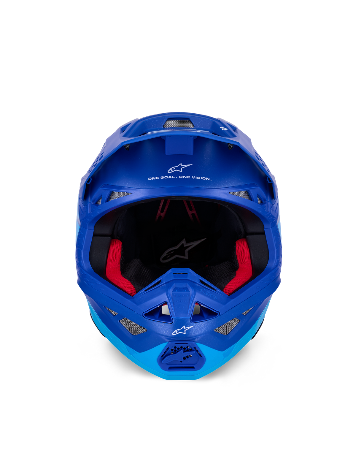 Alpinestars Supertech M10 Flood Helmet ECE, casco da motocross, blu metallizzato e blu medio con dettagli in carbonio nero, vista frontale con mentoniera e apertura per maschera, loghi e scritte Alpinestars bianchi, imbottitura interna rossa, protezione professionale per fuoristrada