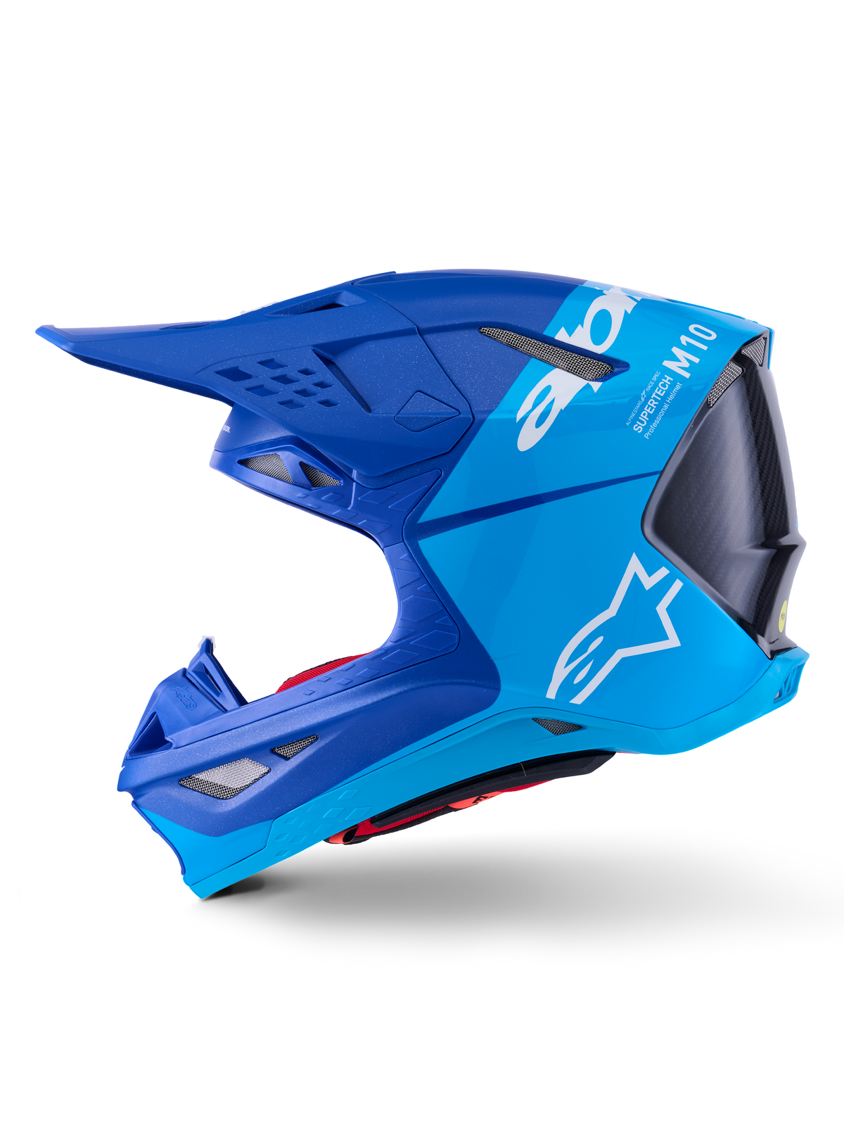 Casco Alpinestars Supertech M10 Flood, casco da motocross, blu metallizzato e blu medio con carbonio nero, vista laterale di profilo che mostra finiture opache e lucide, logo Alpinestars bianco e branding Supertech M10, protezione avanzata per la testa per il fuoristrada