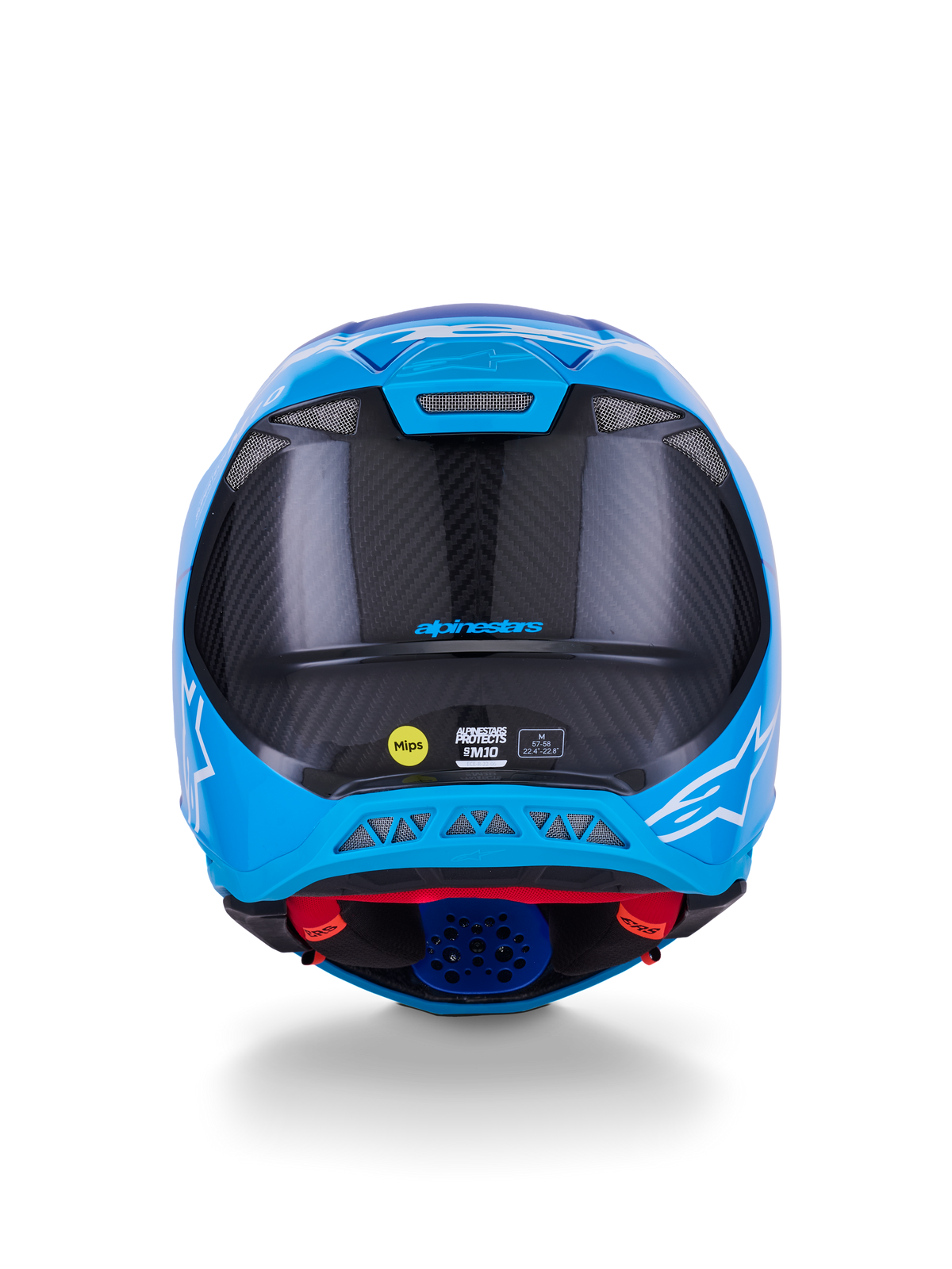 Alpinestars Supertech M10 Flood Helmet, casco da motocross, blu metallizzato e blu medio con fibra di carbonio nera, vista posteriore con trama in carbonio 3K, loghi a stella bianchi, adesivo MIPS e porte di ventilazione