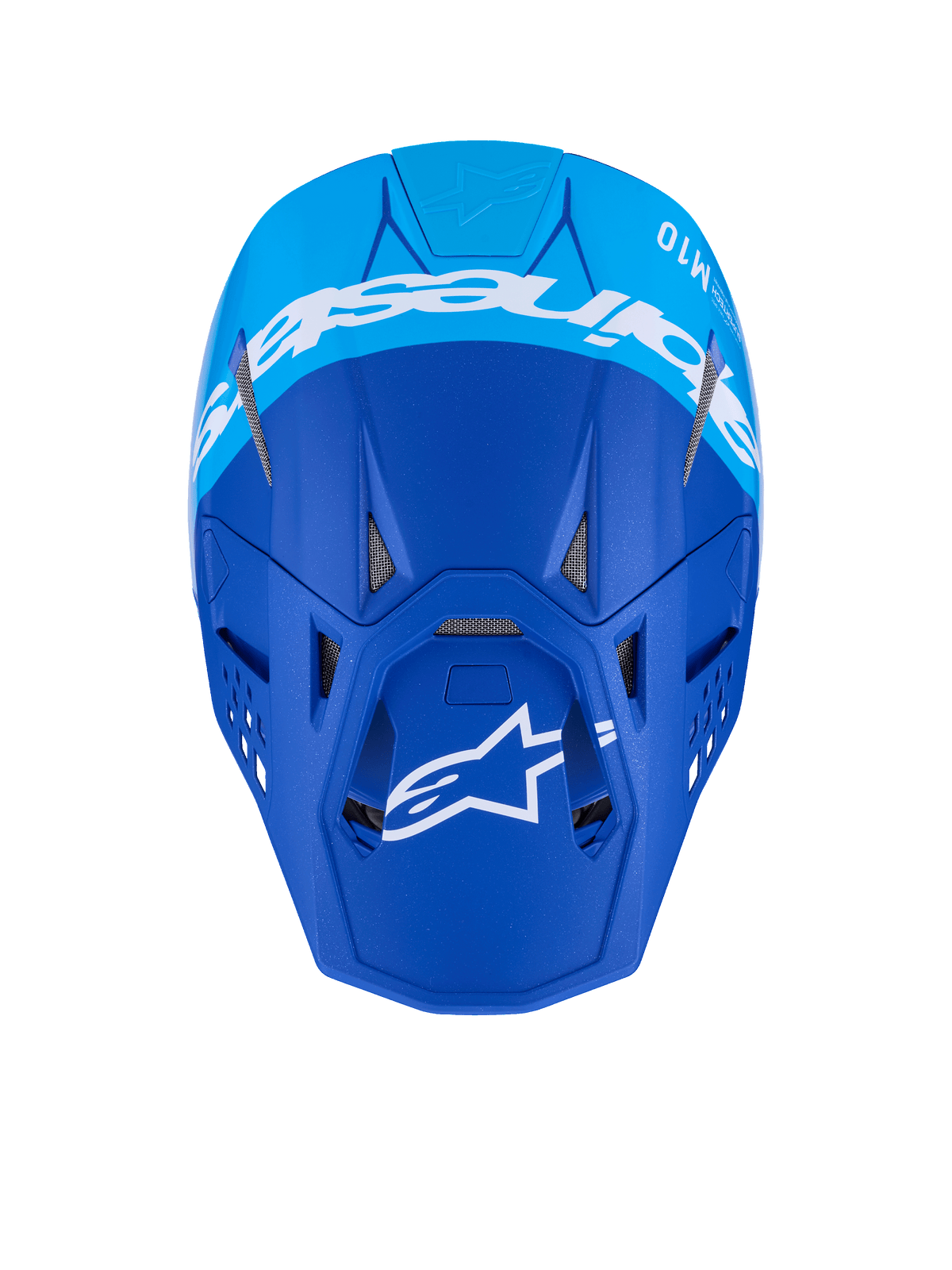 Alpinestars Supertech M10 Flood Helmet, casco da motocross, blu scuro e azzurro, vista dall'alto con logo Alpinestars bianco e prese d'aria, finitura opaca, casco professionale per competizioni fuoristrada