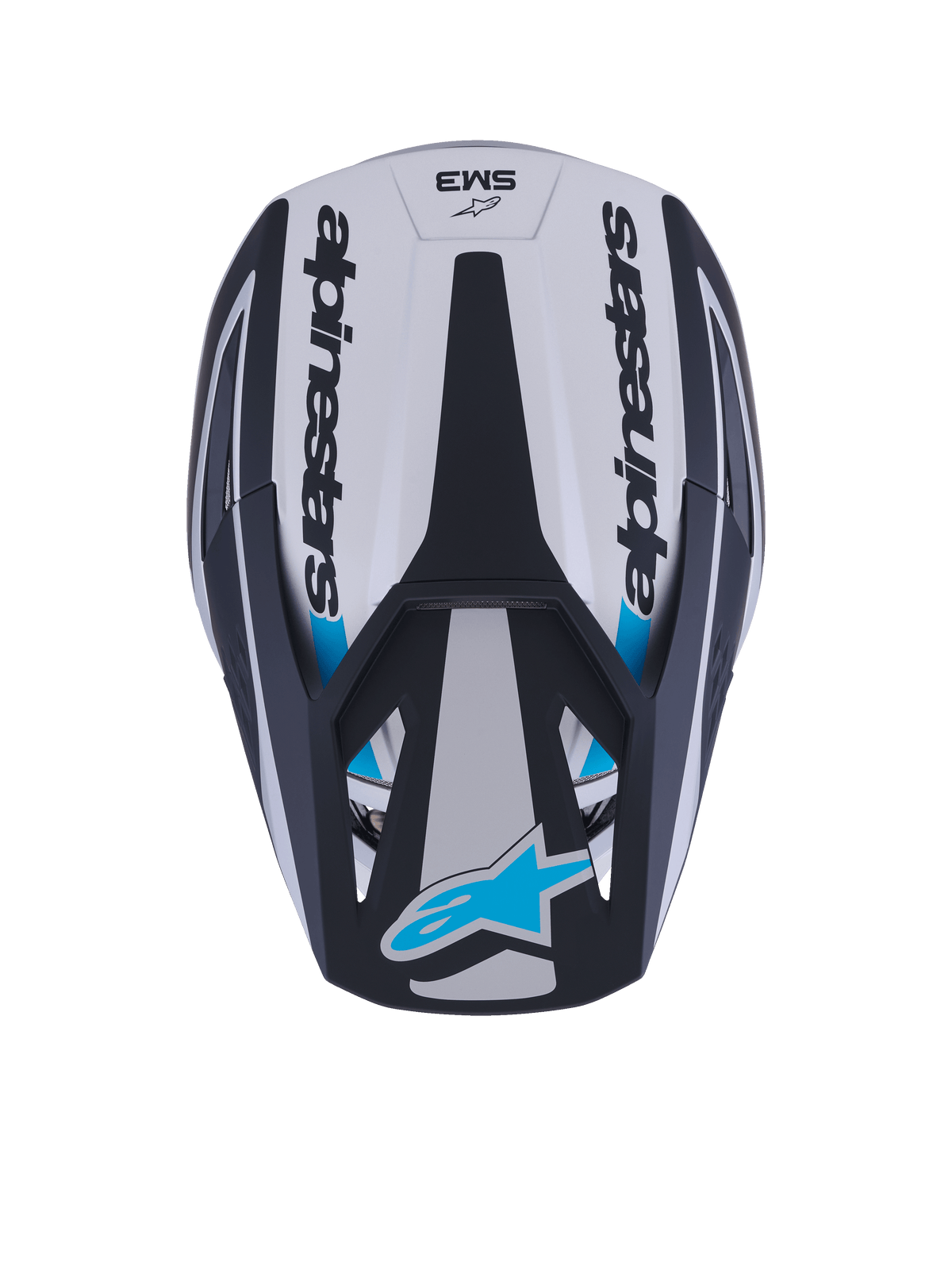 Casco Alpinestars S-M3 Heat, casco da motocross, vista dall'alto, argento, blu e nero opaco, con scritta Alpinestars sui lati, logo Astar blu sulla punta della visiera e design aerodinamico della calotta con finitura opaca