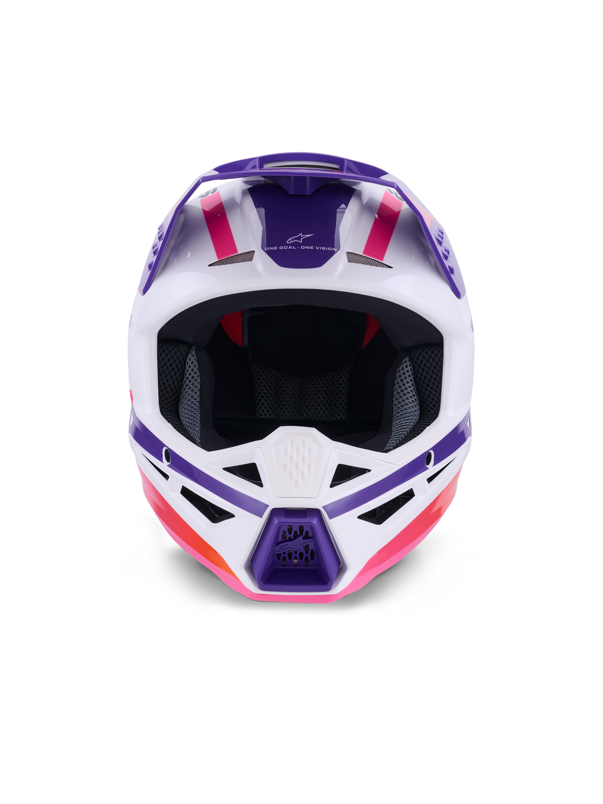 Alpinestars S-M3 Heat Helmet ECE 22.06, casco da motocross, bianco, viola e rosa lucido, vista frontale con prese d'aria e grafiche geometriche audaci, protezione professionale per la testa per competizioni fuoristrada
