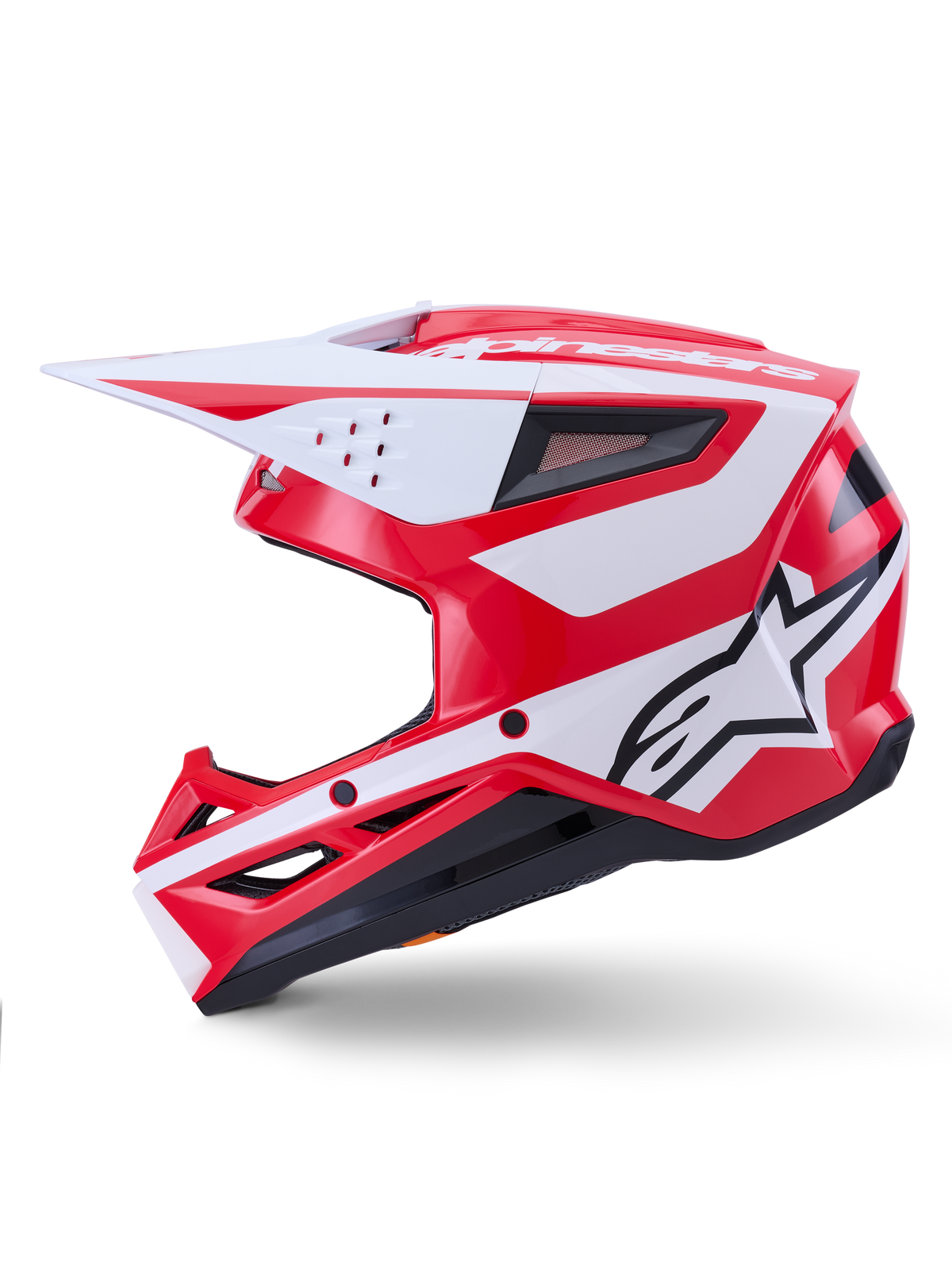 Casco Alpinestars S-M3 Heat, casco da motocross rosso e bianco lucido, certificato ECE, vista laterale.