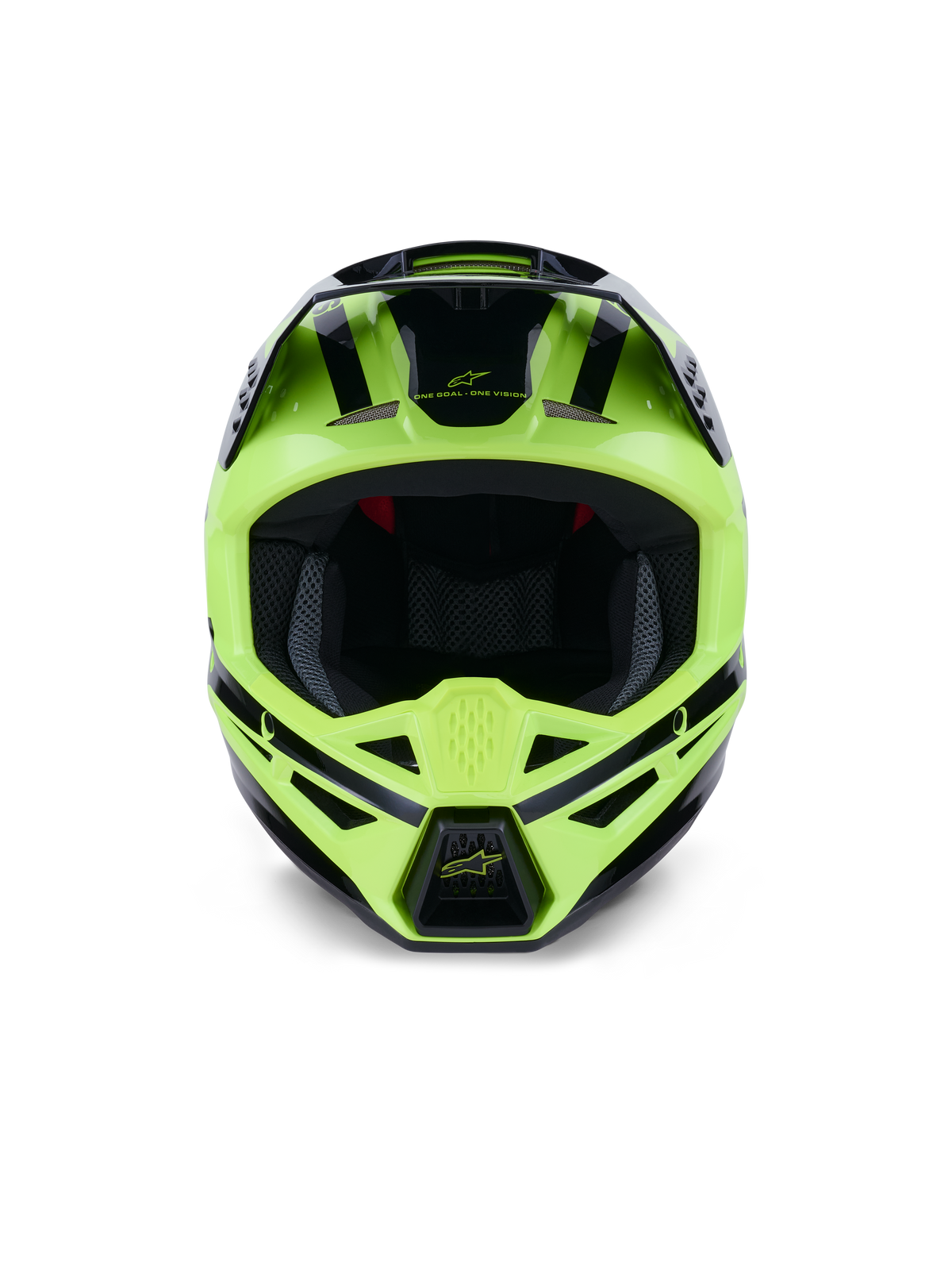 Casco Alpinestars S-M3 Heat, vista frontale, giallo fluo e nero lucido, casco professionale da motocross e off-road, con mentoniera ventilata e design aerodinamico con accenti neri