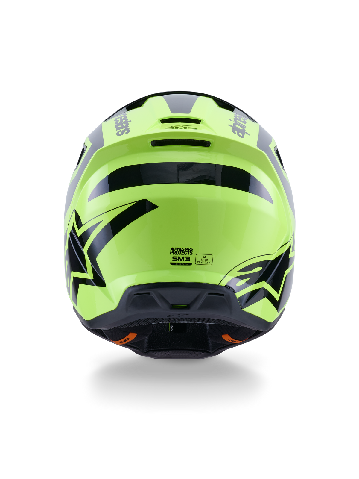 Alpinestars S-M3 Heat Helmet, casco da motocross, giallo fluo e nero lucido, vista posteriore con grafiche nere marcate e loghi Alpinestars, calotta aerodinamica con porte di ventilazione integrate, attrezzatura off-road ad alta visibilità