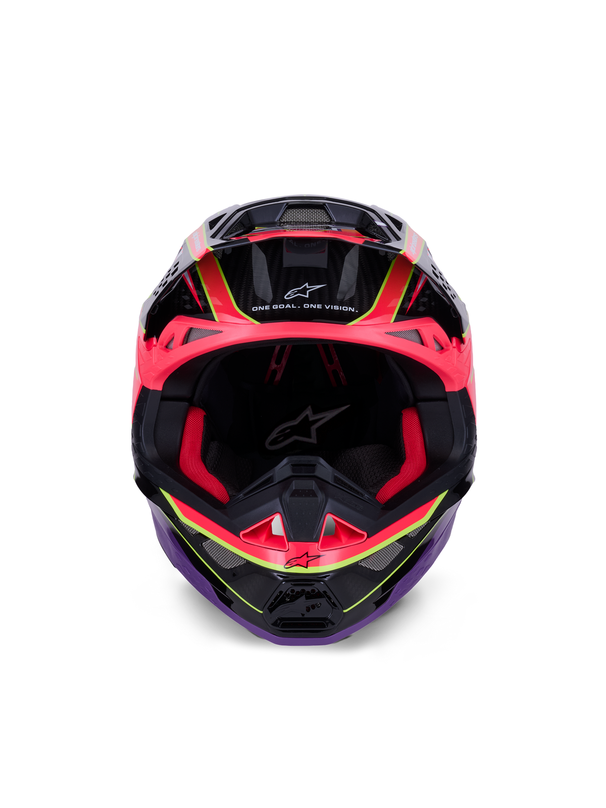 Casco Alpinestars Supertech M10 Era, casco da motocross, rosa violetto e giallo fluo lucido, vista frontale che mostra l'imbottitura interna rossa e i dettagli della calotta in fibra di carbonio, con la scritta 'One Goal. One Vision.', protezione professionale per gare fuoristrada