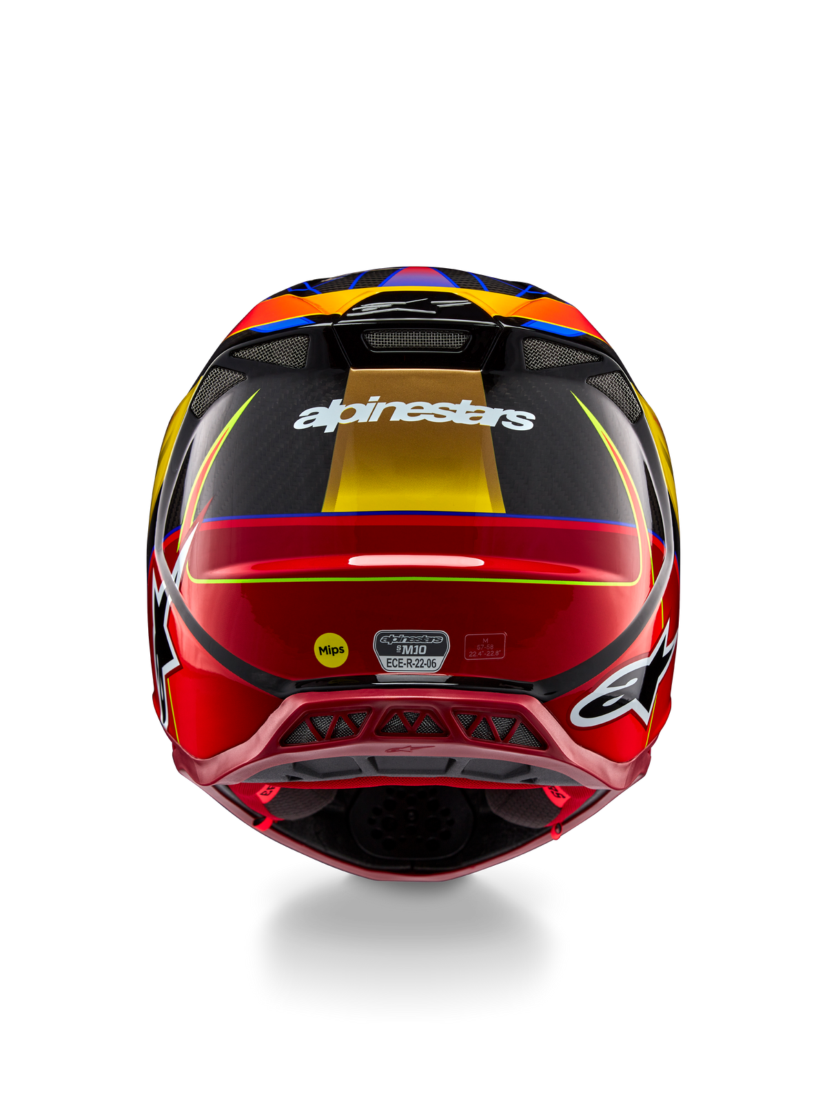 Casco Alpinestars Supertech M10 Era, casco da motocross, giallo oro e rosso Rio lucido, vista posteriore con marchio Alpinestars bianco, logo MIPS e prese d'aria aerodinamiche, costruzione in fibra di carbonio multi-composita con accenti blu