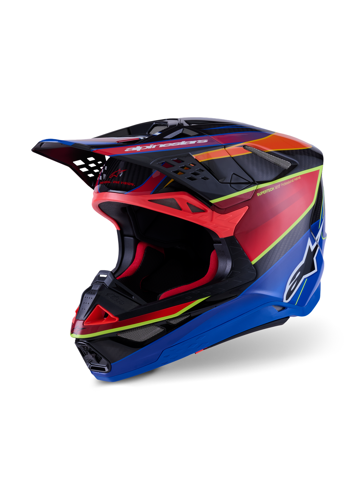 Casco Alpinestars Supertech M10 Era, casco da motocross, blu, rosso e giallo fluo lucido, design professionale della calotta in carbonio multi-composito con prese d'aria avanzate e visiera aerodinamica per gare fuoristrada.