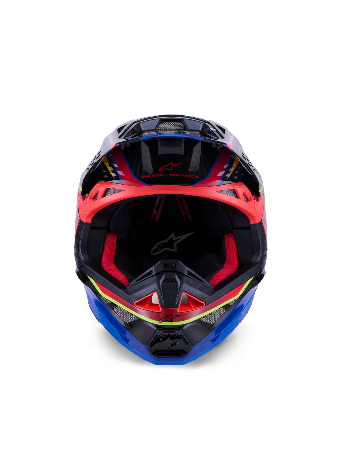 Casco Alpinestars Supertech M10 Era, casco da motocross, blu rosso e giallo fluo lucido, vista frontale che mostra l'imbottitura interna rossa e le porte di ventilazione, calotta in carbonio 3K lucido con design aerodinamico per corse fuoristrada