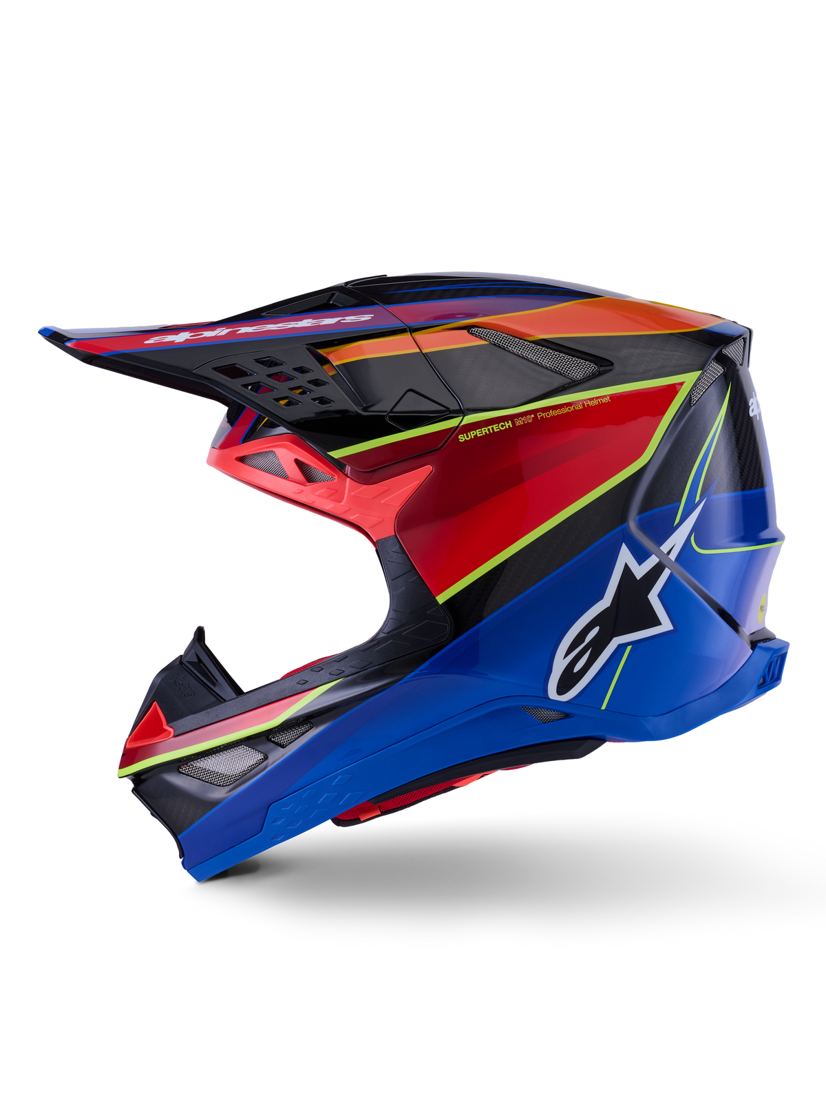 Alpinestars Supertech M10 Era Helmet, casco da motocross, blu, rosso e giallo fluo lucido, vista laterale con calotta aerodinamica in fibra di carbonio, logo Alpinestars sul lato e prese d'aria multiple, equipaggiamento professionale per corse fuoristrada