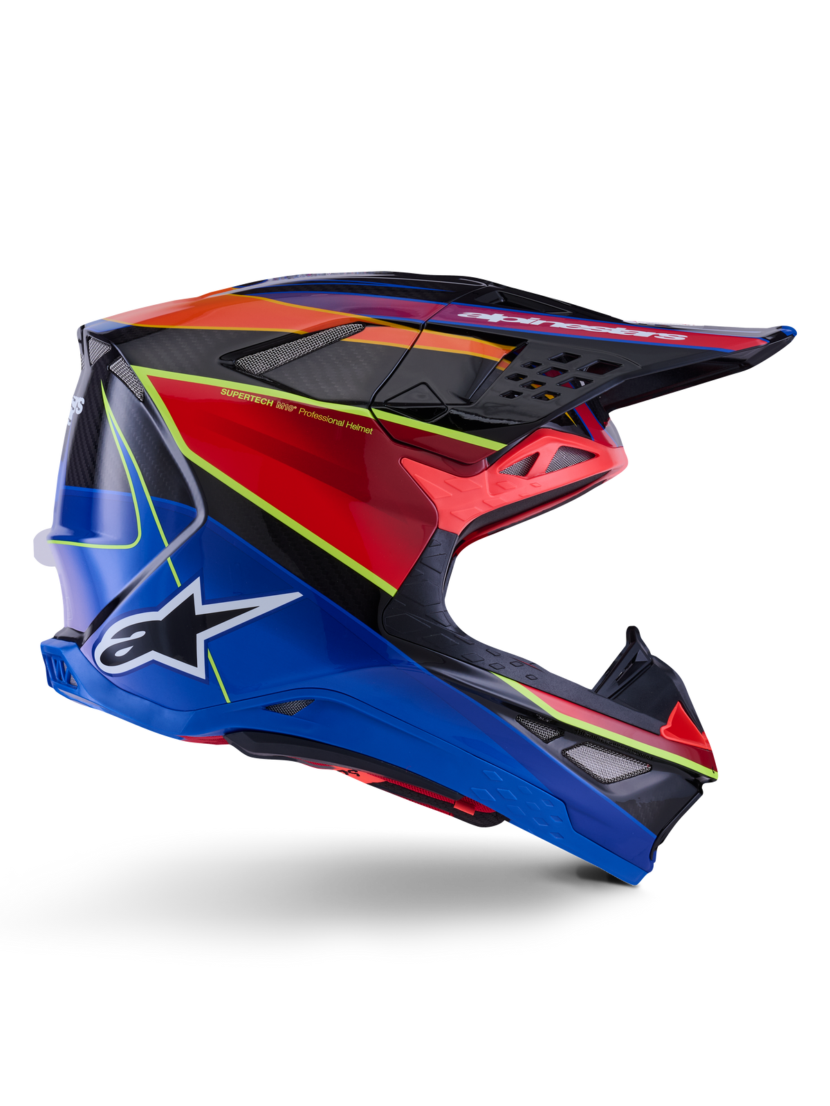 Casco Alpinestars Supertech M10 Era, casco da motocross, blu, rosso e giallo fluo lucido, vista laterale che mostra la calotta in carbonio multi-composito, logo Alpinestars bianco, design aerodinamico con prese d'aria multiple per gare fuoristrada