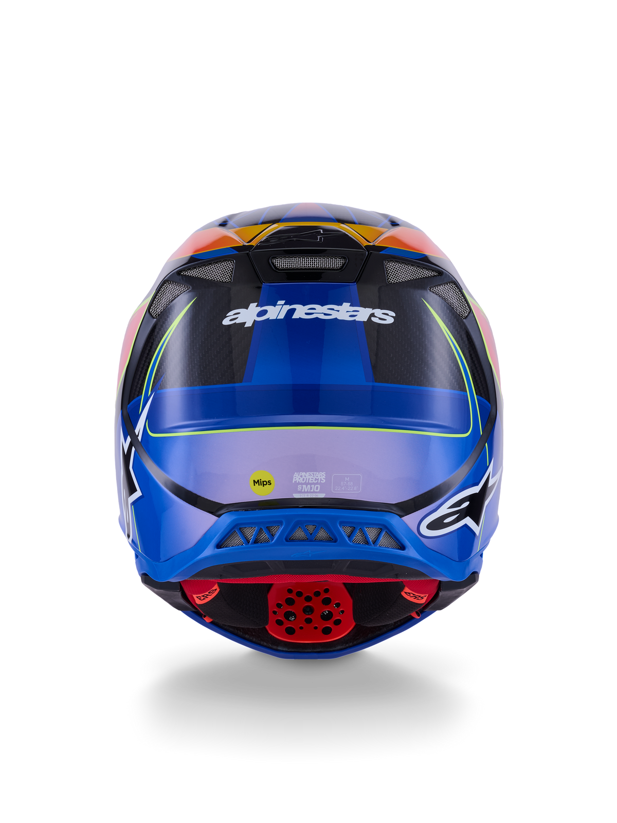 Casco Alpinestars Supertech M10 Era, casco da motocross, vista posteriore, blu, rosso e giallo fluo lucido, con prese d'aria, calotta in carbonio composito, marchio Alpinestars e adesivo di sicurezza MIPS, protezione avanzata per il fuoristrada