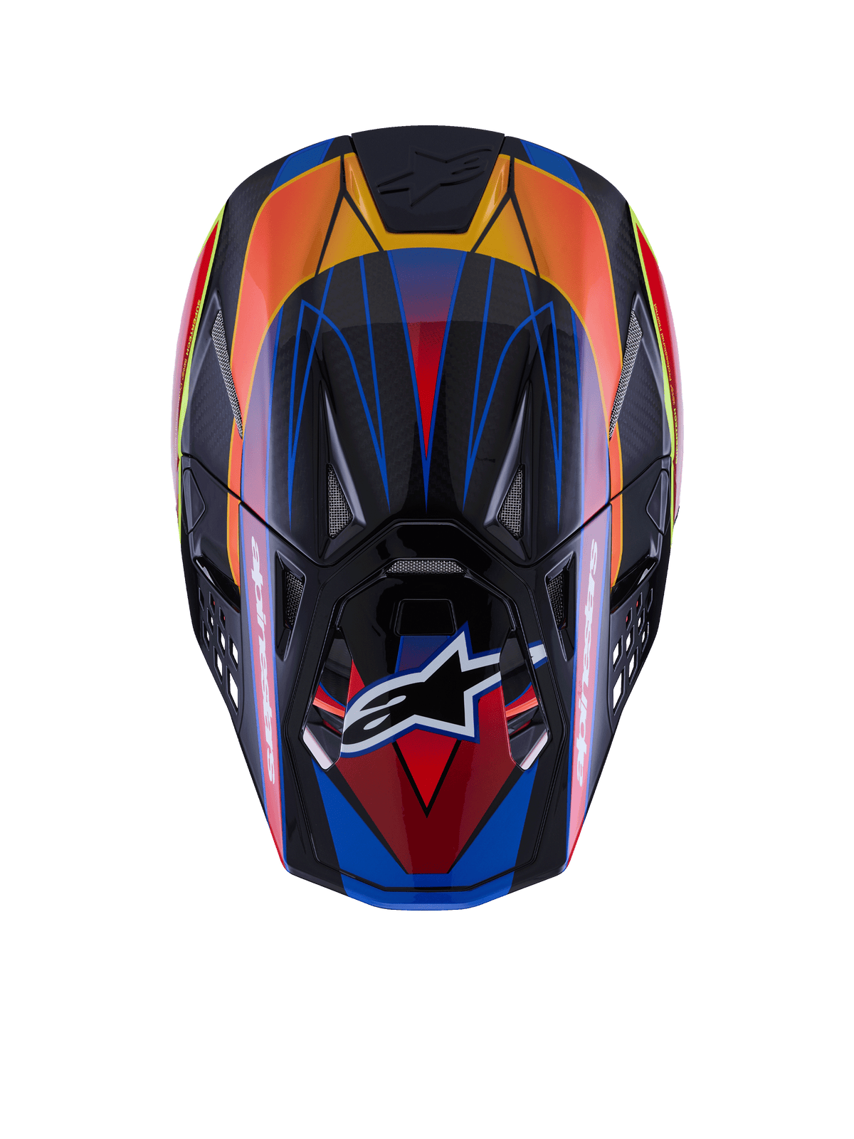 Casco Alpinestars Supertech M10 Era, vista dall'alto, finitura lucida blu, rosso e giallo fluo, calotta in fibra di carbonio, molteplici prese d'aria con rete, logo Alpinestars sulla visiera, equipaggiamento protettivo avanzato per motocross