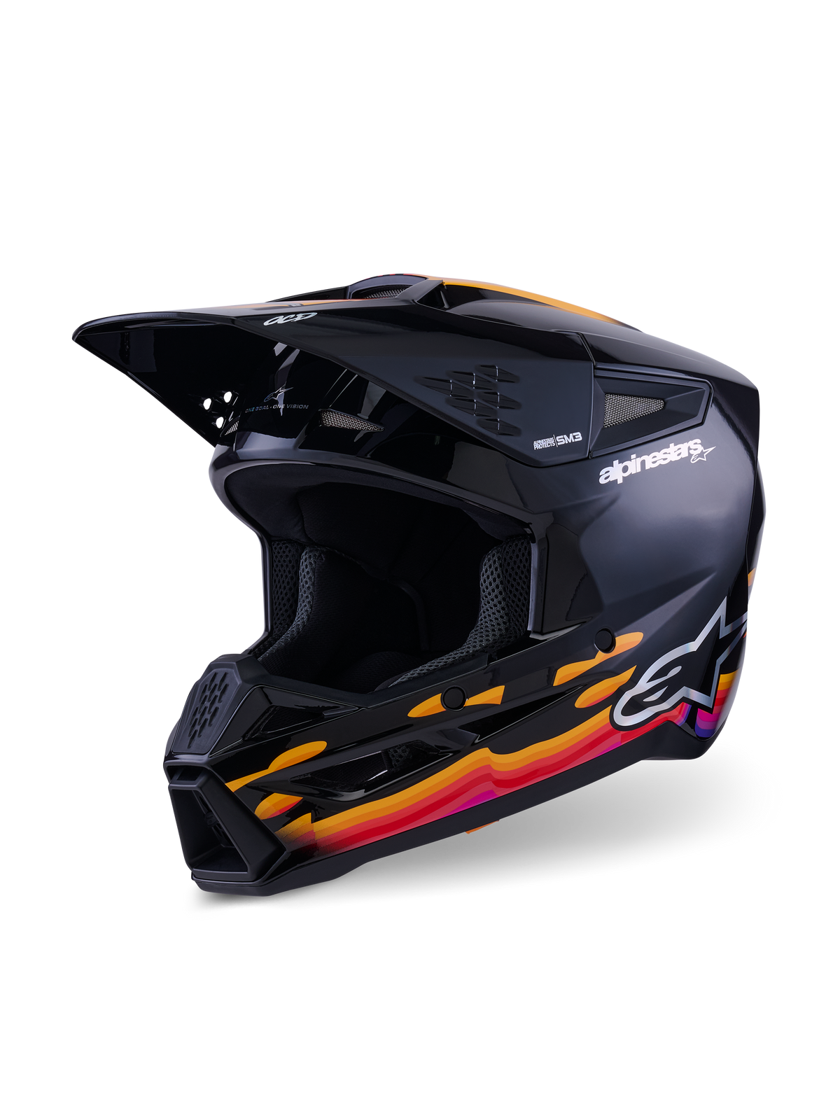 Casco Alpinestars S-M3 Force OCD, casco da motocross, nero lucido con grafiche vivaci in arancione, rosso e viola, marchio Alpinestars sul lato e logo OCD sulla visiera, design aerodinamico con prese di ventilazione e mentoniera prominente