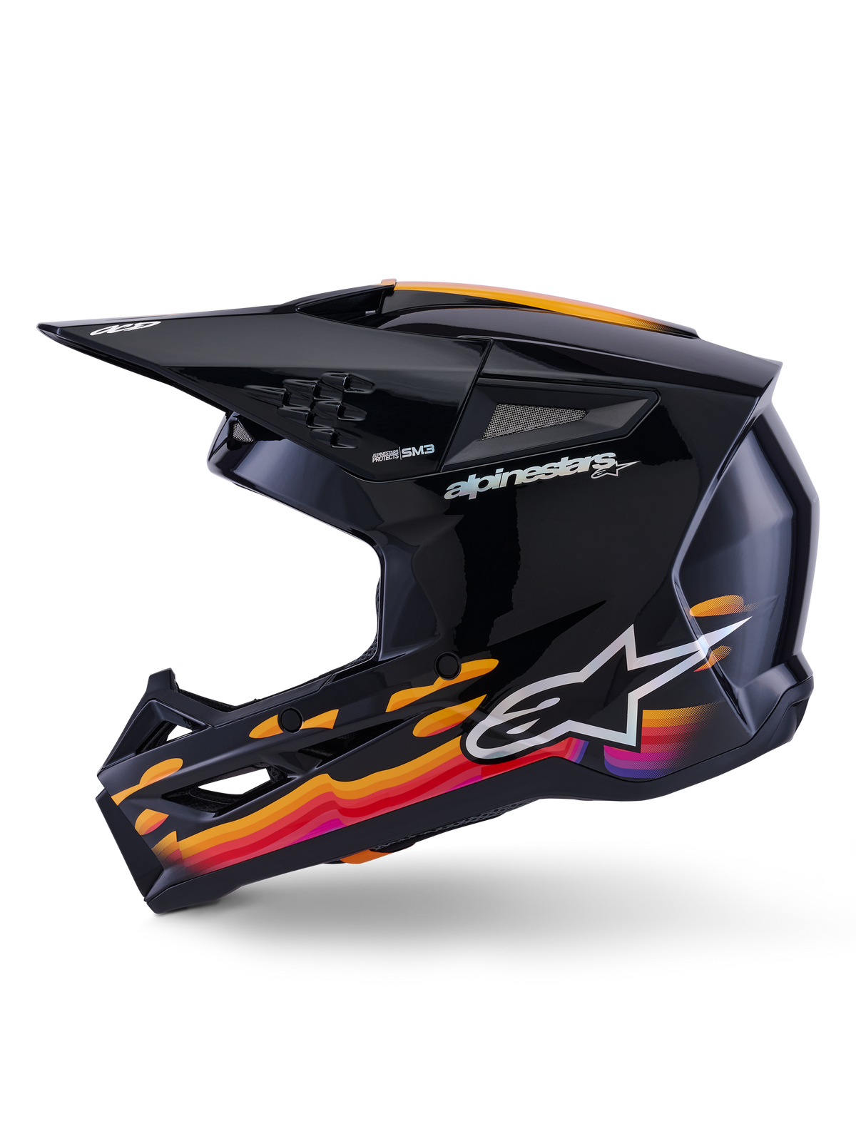 Casco Alpinestars S-M3 Force OCD, casco da motocross, nero lucido con vivaci grafiche ondulate in arancione, rosso e viola, vista laterale con visiera e prese d'aria, logo e marchio Alpinestars, attrezzatura da corsa off-road ad alte prestazioni