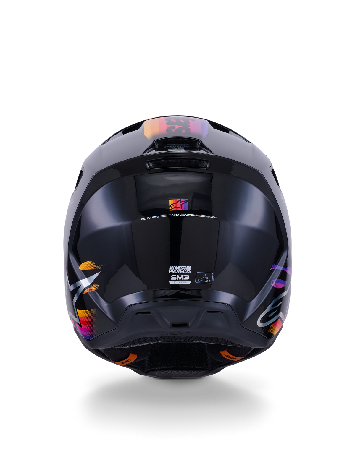 Casco Alpinestars S-M3 Force OCD, casco da motocross nero lucido, vista posteriore, con grafiche vivaci in arancione, rosa e viola, marchio di certificazione ECE 22.06, design della calotta aerodinamico termo-iniettato