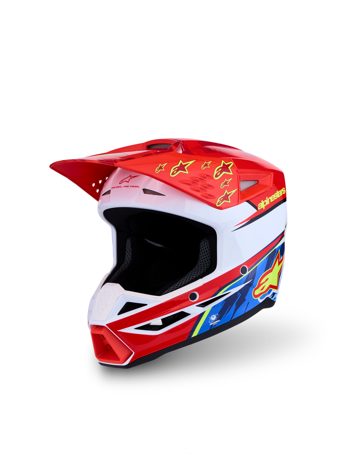 Alpinestars Casco SM3 Falcon Ragazzo ECE06, casco da motocross rosso e bianco con grafiche gialle e blu per bambini.