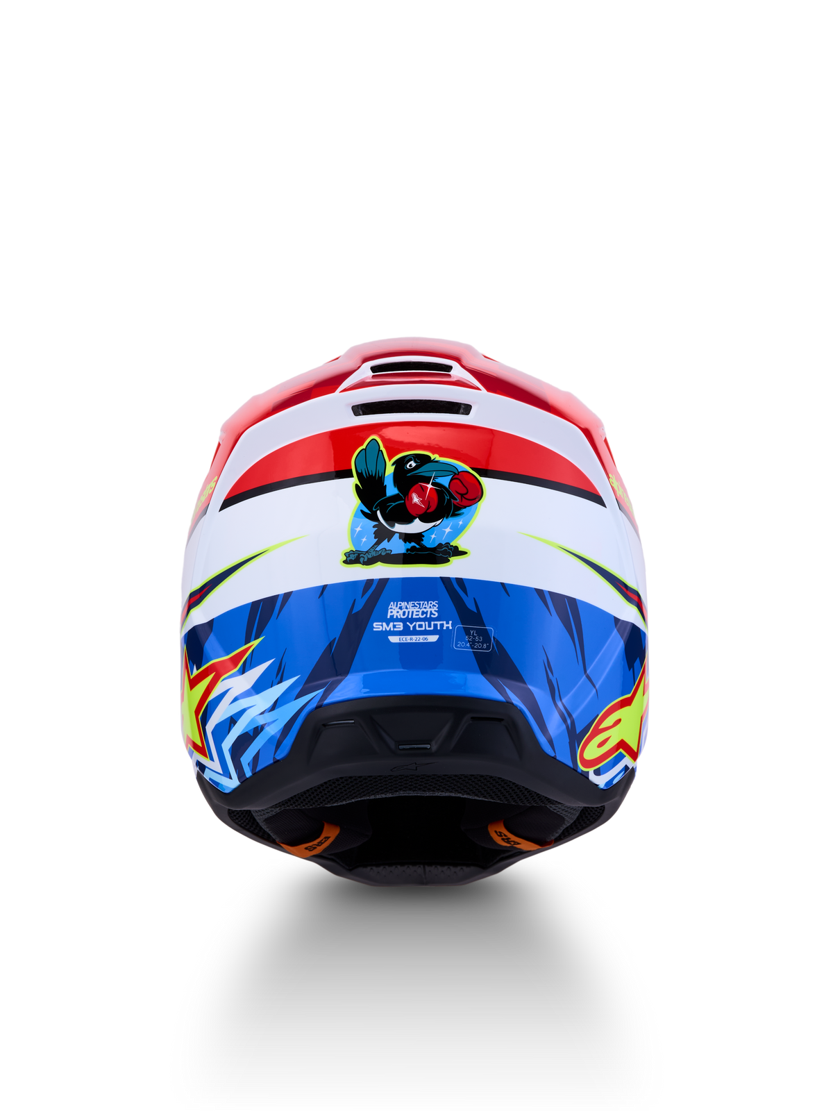 Alpinestars Casco SM3 Falcon Ragazzo, casco motocross rosso, bianco e blu, certificato ECE 2206 con grafica falco.