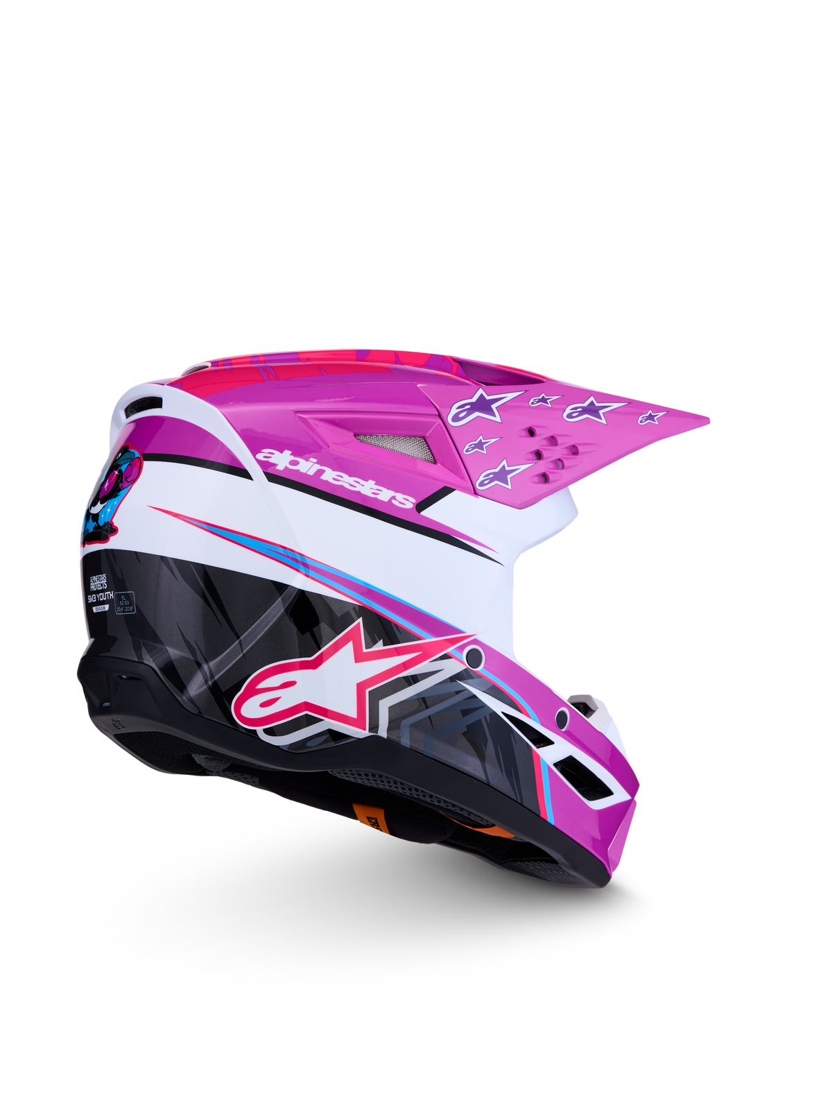 Alpinestars Casco SM3 Falcon Ragazzo ECE06, casco da motocross viola e bianco con grafiche rosa lucide, certificato ECE, protezione off-road per giovani piloti