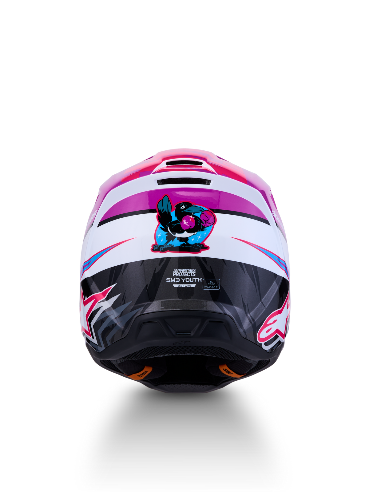 Alpinestars casco SM3 Falcon ragazzo ECE06, casco da motocross per ragazzi, viola e bianco con accenti rosa fluo, certificato ECE 22.06, vista posteriore con grafica a forma di uccello