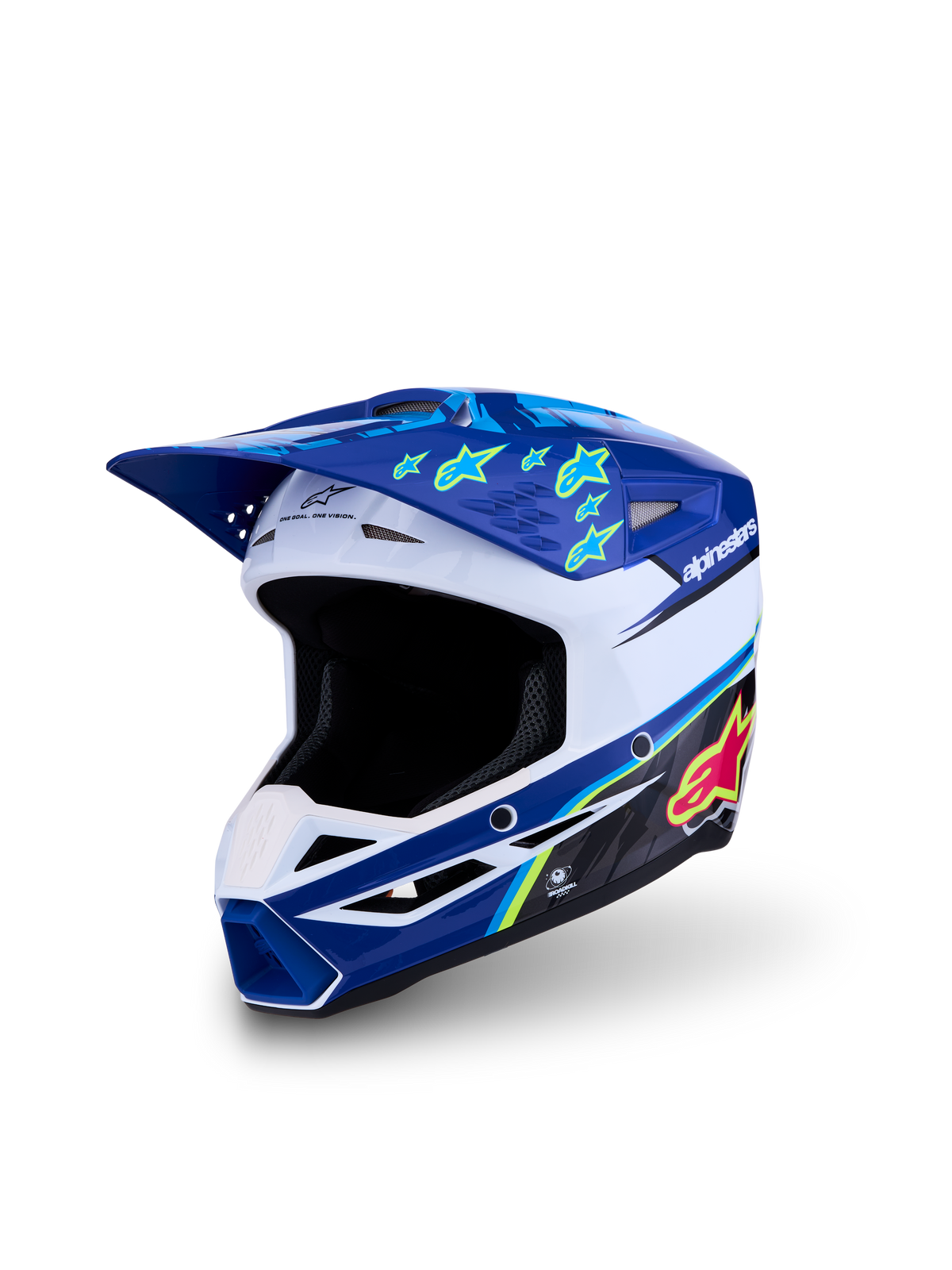 Alpinestars Casco SM3 Falcon Ragazzo ECE06, casco da motocross blu e bianco con accenti giallo fluo.
