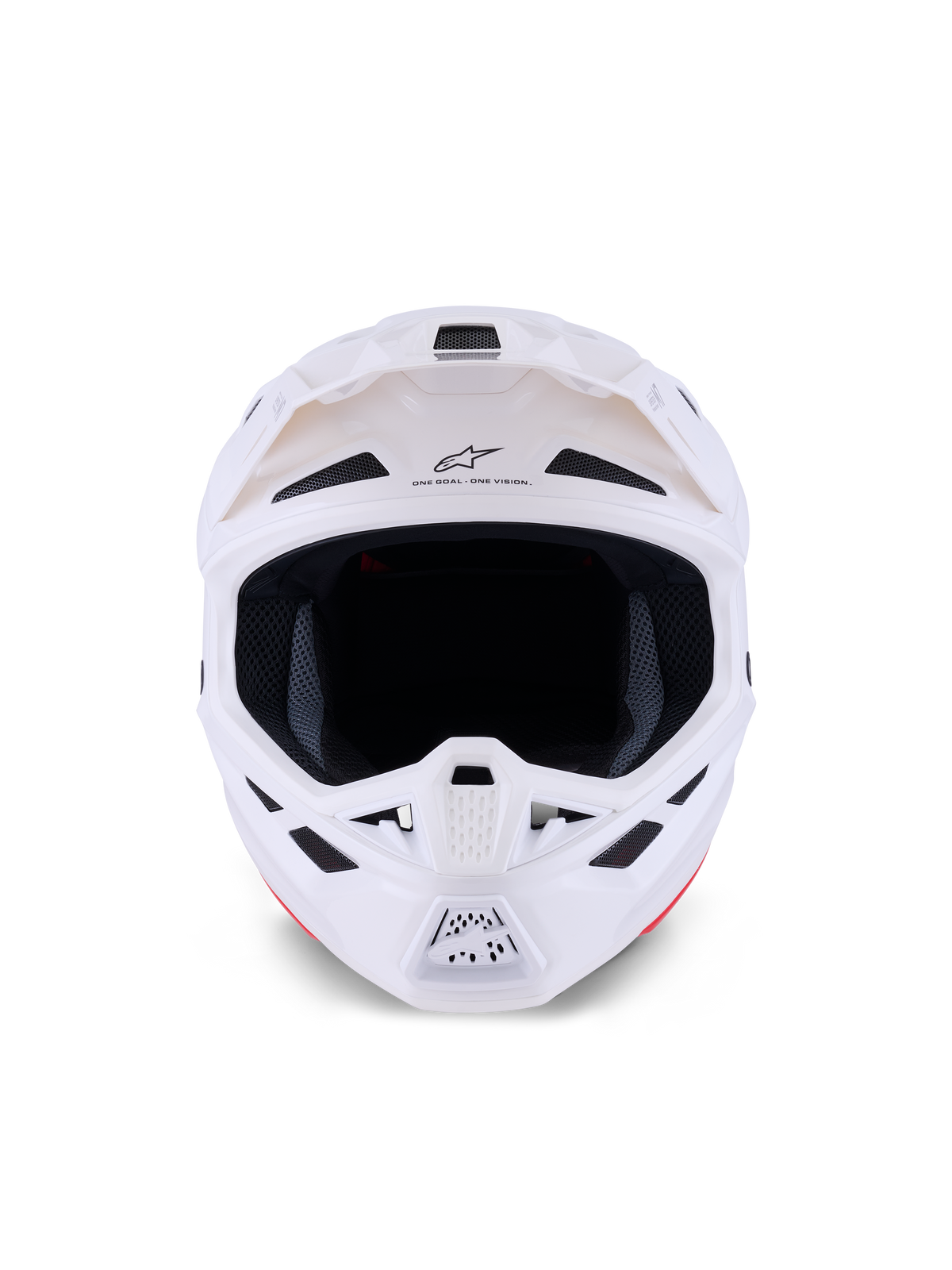 Alpinestars S-M7 Solid Helmet, casco da motocross, bianco lucido, vista frontale con prese d'aria e mentoniera, design aerodinamico della calotta in composito per gare off-road