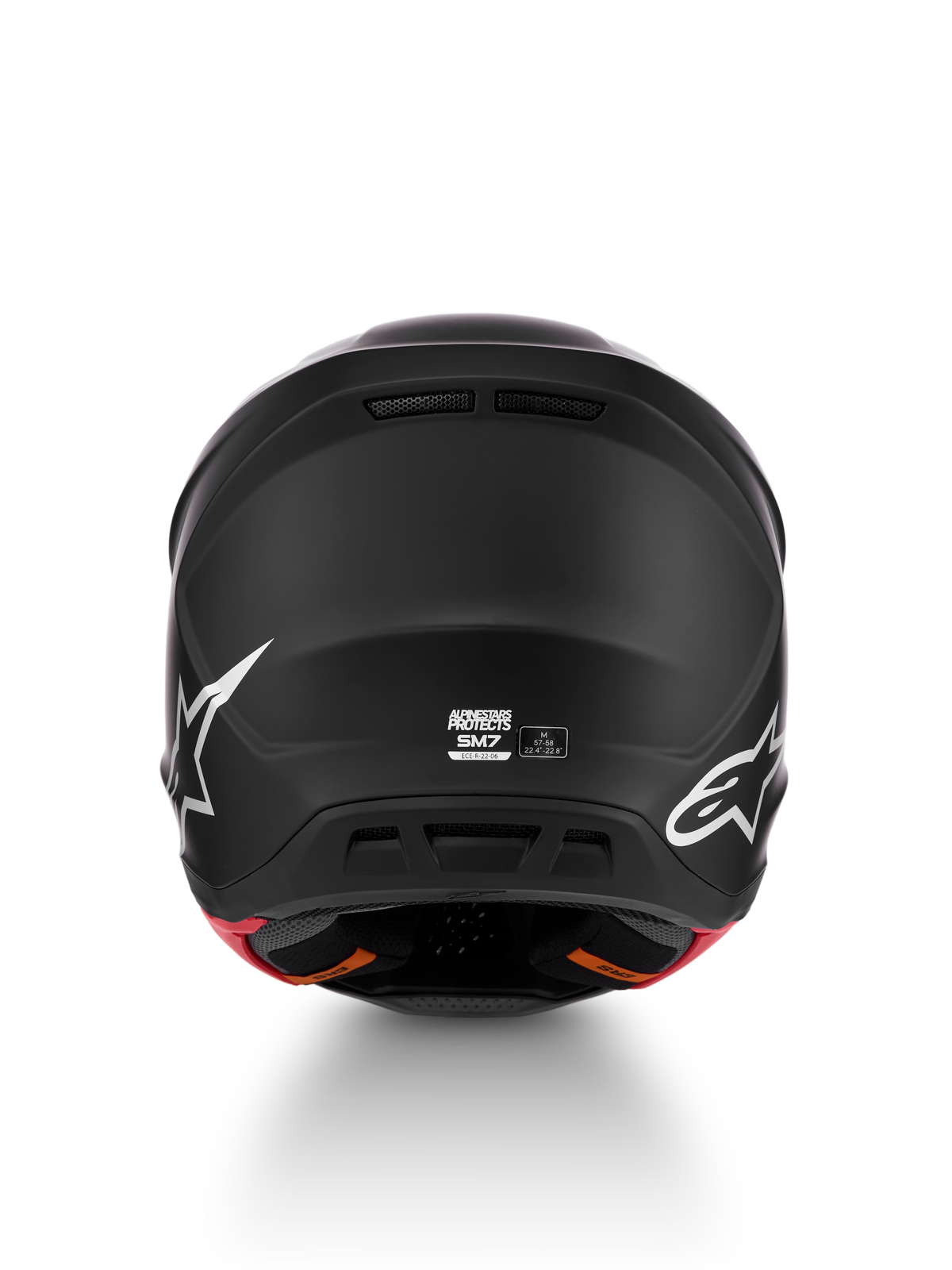 Alpinestars casco S-M7 Solid ECE06, vista posteriore, casco motocross nero opaco, taglia M, certificato ECE 22.06