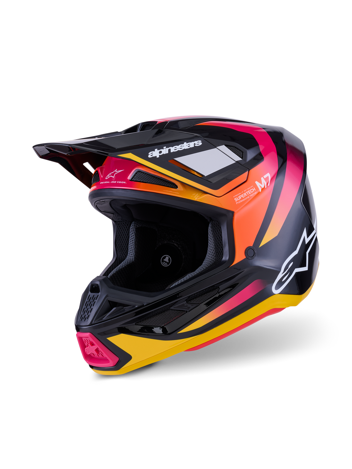Alpinestars S-M7 Rise Helmet, casco da motocross, nero giallo e rosa lucido, caratterizzato da una calotta aerodinamica in composito con grafiche sfumate vivaci, loghi Alpinestars bianchi e numerose prese d'aria per le gare fuoristrada.