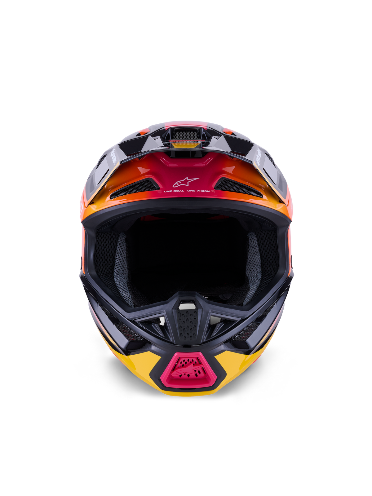 Alpinestars S-M7 Rise Helmet ECE 22.06, casco da motocross, nero, giallo e rosa lucido con sfumature arancioni, vista frontale che mostra la calotta aerodinamica in materiale composito, prese d'aria multiple con rete e branding 'One Goal. One Vision.', progettato per gare fuoristrada