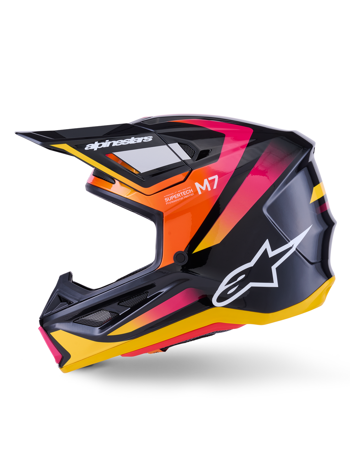 Casco Alpinestars S-M7 Rise, casco da motocross, nero giallo e rosa lucido, profilo laterale con vivaci accenti sfumati arancione e rosa, logo Alpinestars bianco, design aerodinamico con visiera nera, protezione professionale per la testa per gare off-road