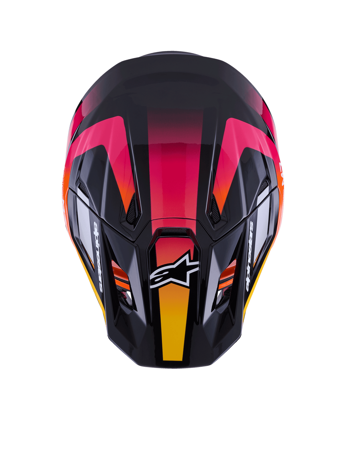Casco Alpinestars S-M7 Rise ECE 22.06, casco da motocross, nero, rosa e giallo lucido, vista dall'alto che mostra la calotta aerodinamica in materiale composito, vivace design sfumato, prese d'aria e logo Alpinestars bianco sulla parte anteriore