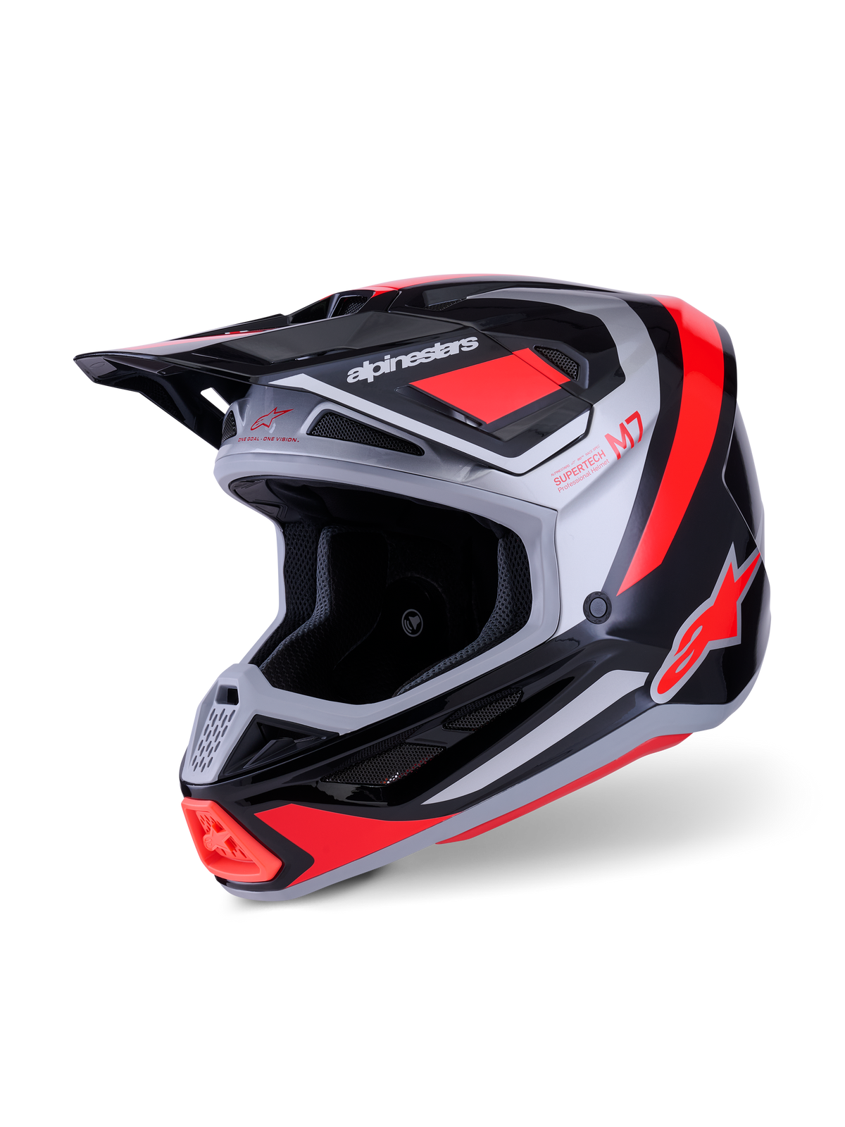 Alpinestars Casco S-M7 Rise, casco da motocross, nero, argento e rosso fluo lucido, calotta aerodinamica in materiale composito con diverse prese d'aria, visiera regolabile e loghi iconici per gare fuoristrada