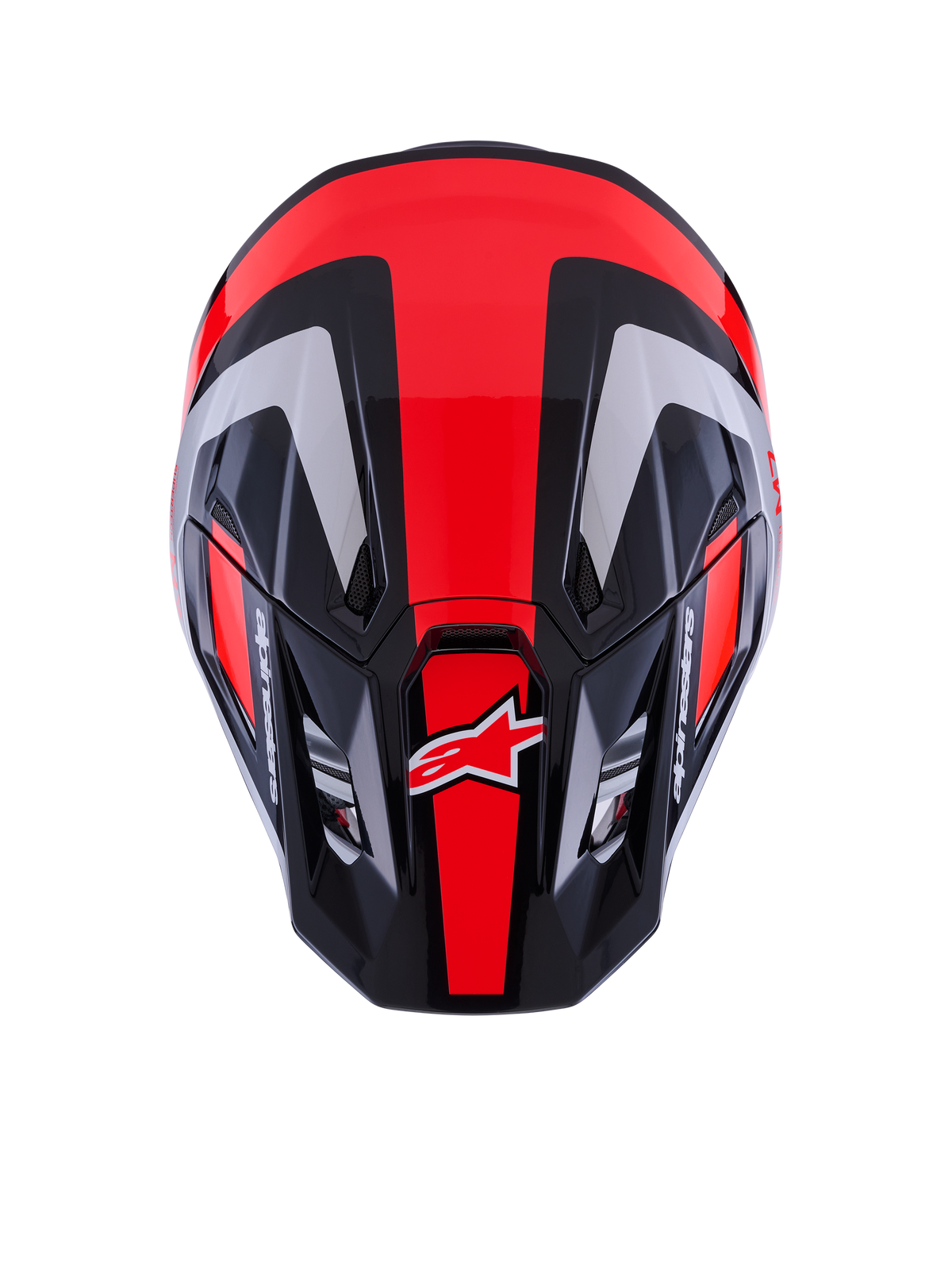 Alpinestars S-M7 Rise Helmet ECE 22.06, casco da motocross, nero, argento e rosso fluo lucido, vista dall'alto che mostra la calotta aerodinamica con prese d'aria, strisce rosse fluorescenti e logo Alpinestars, attrezzatura professionale per gare fuoristrada